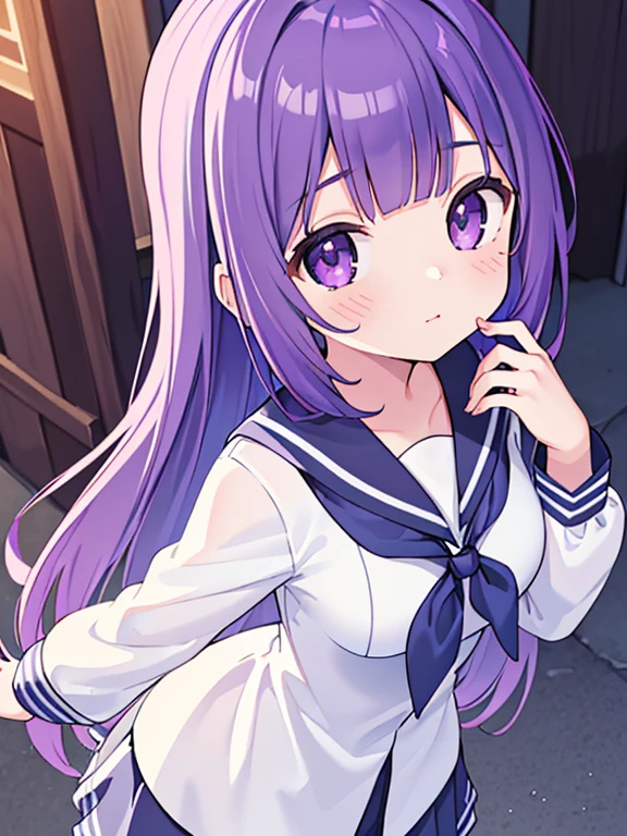 ((masterpiece、top-quality:1.5、a high chroma:1.5、ultra-detailliert、high-resolution illustrations:1.5、Ultra-high-definition CG、8k size wallpaper、offcial art))、,(highly colorful:1.5),(from above:1.5),(1girl),(Cute little girl:1.5)、(Shining purple eyes:1.5),(Beautiful face:1.5,Beautiful eyes:1.5)、(close to viewer:1.5),
(clearface:1.3)、(school uniform),(medium breasts:1.5),(cowboy shot:1.5),colourfull、