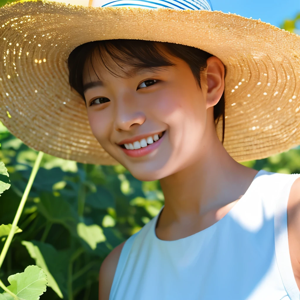 boyish、Gentle natural type、He is about the age of a high school student、Sunflower field, white dress and straw hat、Photo from a bird's-eye view composition、realistic、Colors are less saturated、High contrast、No HDR processing、With depth of field, the background scenery is mountains and blue summer sky.、smiling and putting his hand on his hat、