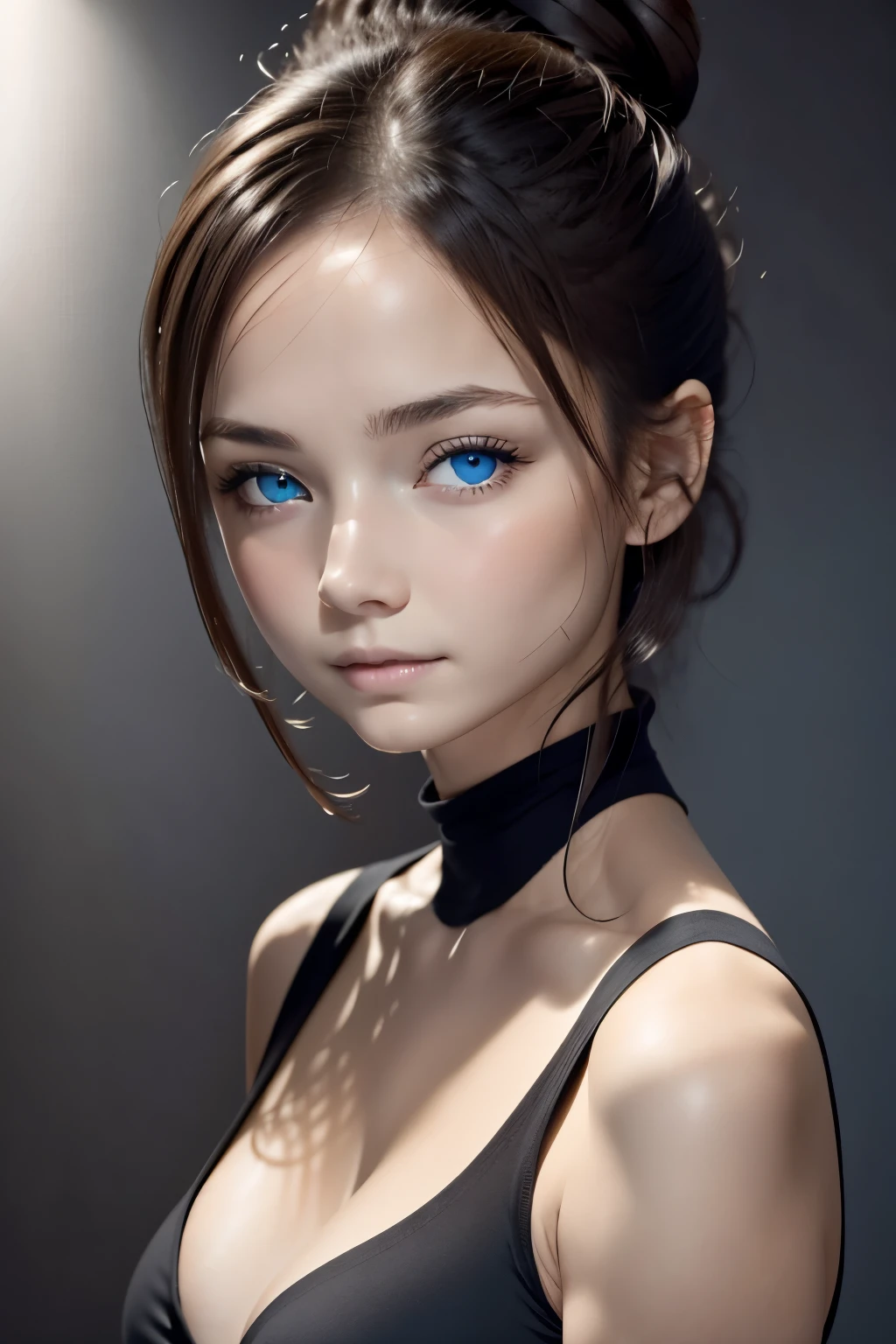 Skin Tight Black Top:1.2, Looking at Viewer, Cinematic lighting, Perfect, softlight, High resolution skin:1.2, Realistic skin texture, 14years、a small face、no-makeup、, off shoulders,Bust B Cup、Small cleavage, Blue eyes, Bun hair, dark brown hair、fullnude、Gray background、