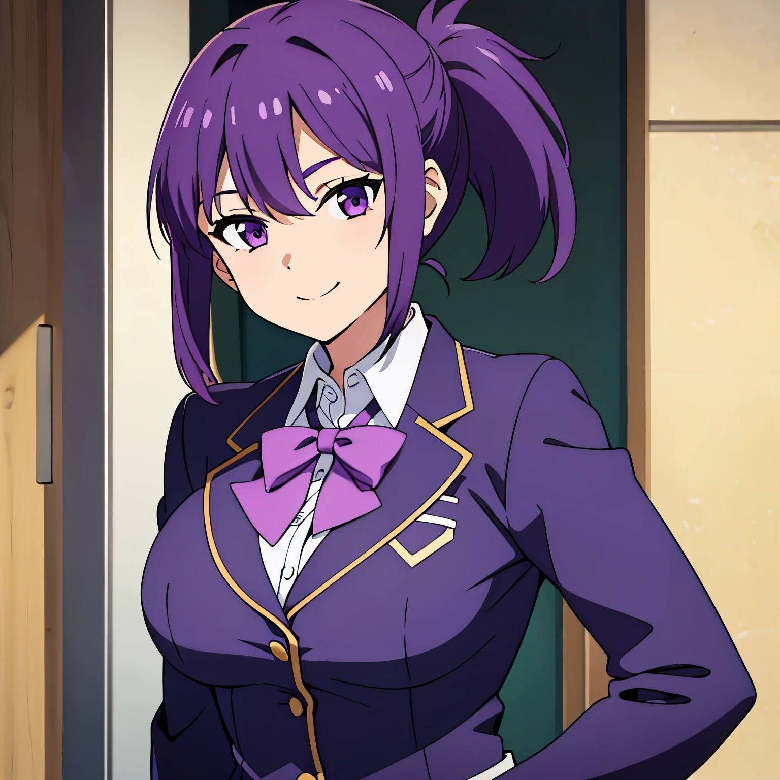 girl, solo, upper body focus, purple hair, ponytail, purple eyes, school uniform, smile, cute girl, big breast