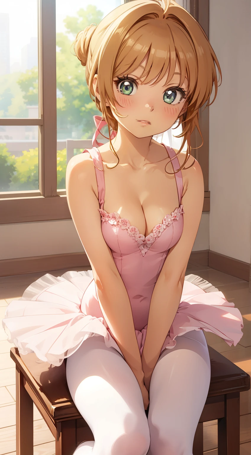 masterpiece, best quality, highres, perfect pixel, depth of field, 1girl, single, solo, beautiful anime girl, beautiful artstyle, (detailed face), (blush), anime CG style, (medium breasts), good lighting, perfect body, lips parted, (sakura kinomoto), glossy lips, cleavage, (ballerina), sleeveless leotard, (tutu), pantyhose, sitting, (knees bent:1.2), wood floor