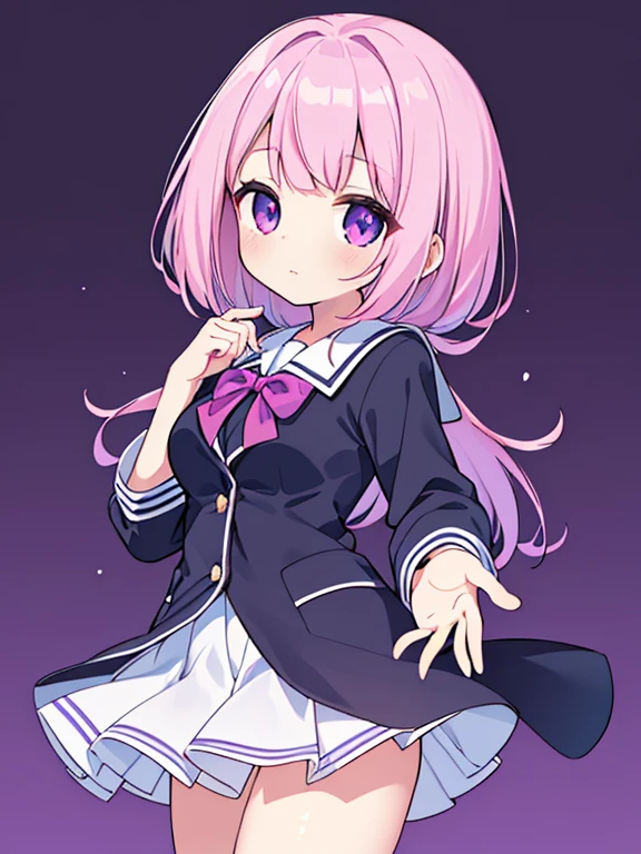 ((masterpiece、top-quality:1.5、a high chroma:1.5、ultra-detailliert、high-resolution illustrations:1.5、Ultra-high-definition CG、8k size wallpaper、offcial art))、,(highly colorful:1.5),(front view:1.5),(1girl),(pink hair),(Cute little girl:1.5)、(Shining purple eyes:1.5),(Beautiful face:1.5,Beautiful eyes:1.5)、(close to viewer:1.5),
(clearface:1.3)、(school uniform),(medium breasts:1.5),(cowboy shot:1.5),colourfull、