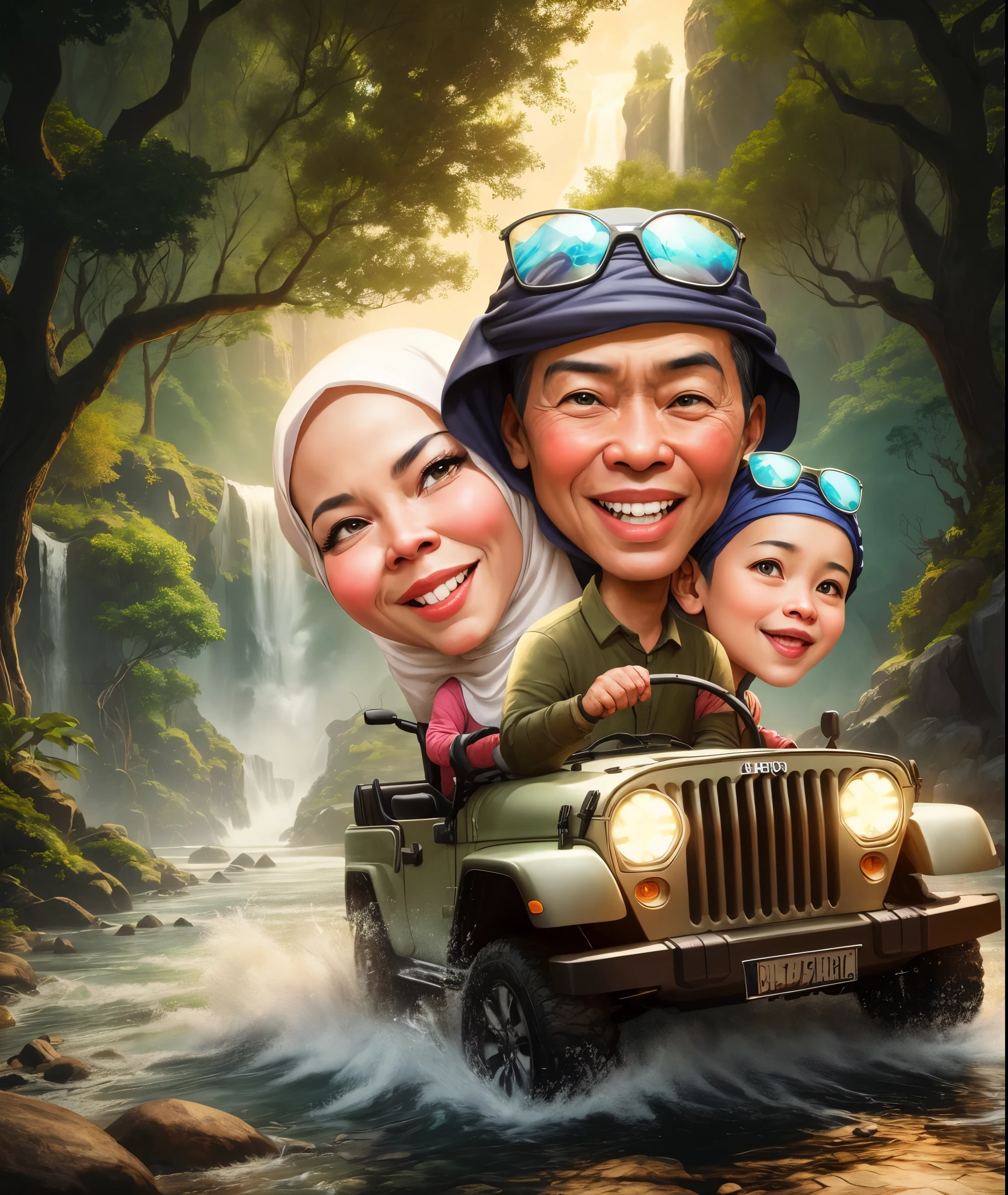 arafed picture of a family in a jeep with a waterfall in the background, Mother wears the hijab, caricature illustration, cartoon digital painting, cartoon art, digital cartoon painting art, cartoon digital art, an indonesian family portrait, caricature style, cartoon artstyle, digital art cartoon, cartoon painting, in cartoon style, cartoon portrait, by Abidin Dino, potrait, happy family