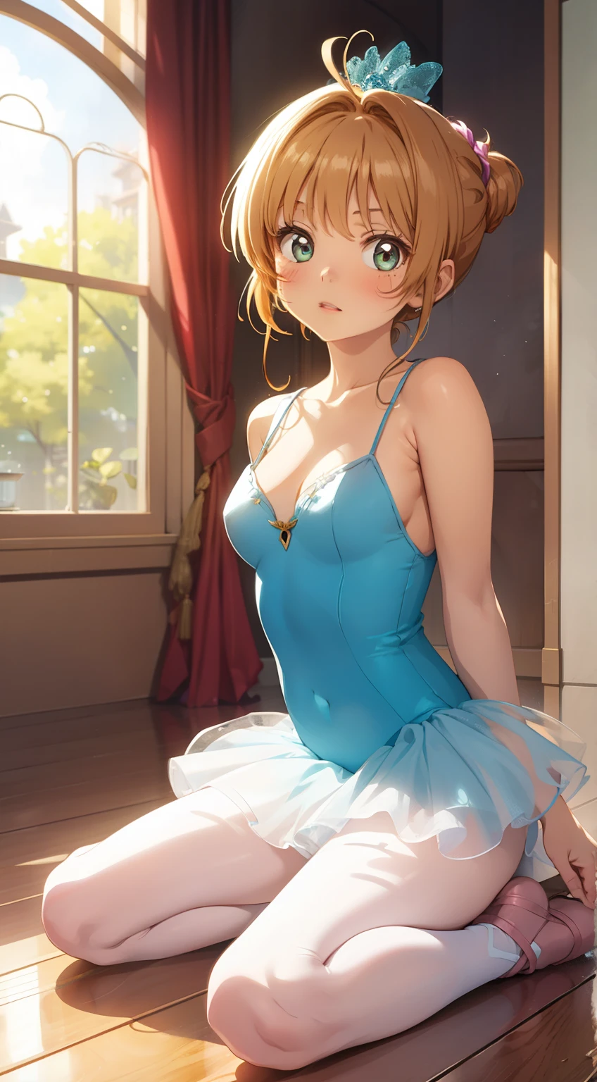 masterpiece, best quality, highres, perfect pixel, depth of field, 1girl, single, solo, beautiful anime girl, beautiful artstyle, (detailed face), (blush), anime CG style, (medium breasts), good lighting, perfect body, lips parted, (sakura kinomoto), glossy lips, cleavage, (ballerina), sleeveless leotard, (tutu), pantyhose, (sitting), (knees bent:1.2), wood floor