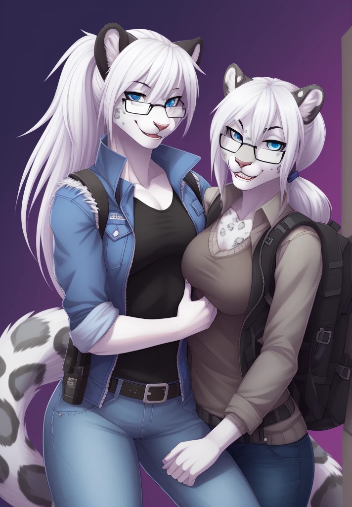 by meesh, (best quality, masterpiece:1), anthro, furry, female, ((Snow Leopard)), grey eyes, white hair, shaggy long hair, portrait, fingers, finger claws, looking at viewer, snow leopard tail, ((large tuft of hair on the chest)), ((naked)), ((braces on teeth, ((nerd)), glasses, braces, eyes closed, visible breath, panting, ((1woman)), ((bedroom)), white fur, large nipples, hard nipples, fluffy fur, ((1man)), ((reverse cowgirl position)), ((large vaginal insertion)), ((legs raised)), front view, large nipples, sweating, braces on teeth, ((female sitting on male's lap)), ((male's hand on female's waist)), ((full body)), (Woman sitting on man)), ((female ahegao)), twincest,  ((small breasts))