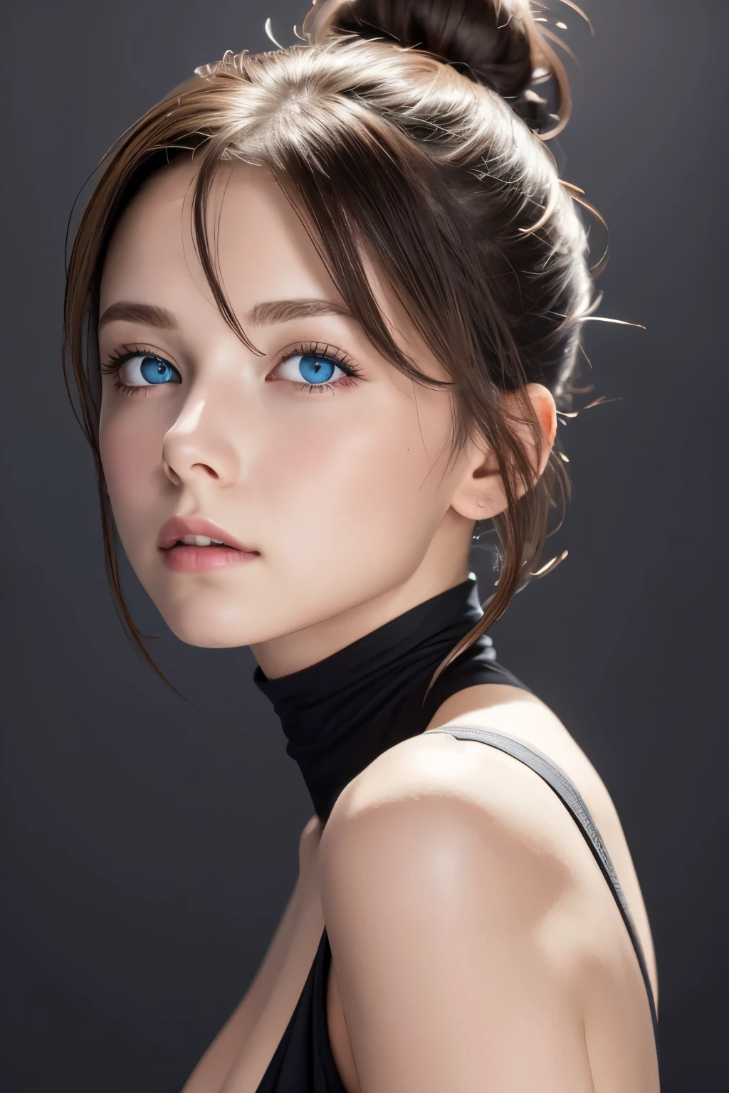 Skin Tight Black Top:1.2, Looking at Viewer, Cinematic lighting, Perfect, softlight, High resolution skin:1.2, Realistic skin texture, 14years、a small face、no-makeup、, off shoulders,Bust B Cup、Small cleavage, Blue eyes, Bun hair, dark brown  hair、fullnude、Gray background、