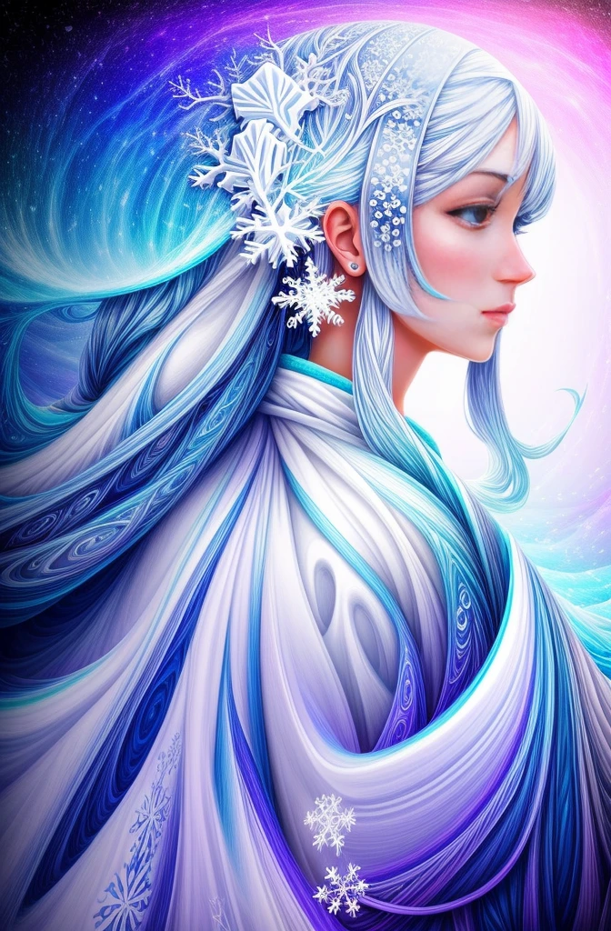 (Girl stands in front of white snow vortex: 1.5),((pure white snowflakes, Snowy surroundingpecting, depth of fields, insight, I got it, Monte, Snow cover, translucent cloud, spectrum, in a panoramic view, snow cycle, Crazy, portal, bigger, white light, global snowflake,The sky is full of beautiful snowflakes)),充满活力的white light颜色,thickline,Turbulent snowflakes with multiple layeroreground、Faraway view、fractal thunder dan mumford,danford and alex gray style,psychedelic surreal art,surreal psychedelic design,dream art style, trippy art,Infinite white snow psychedelic wave,inspired by Cyril Rolando (Cyril Rolando),Realistic snow ripple structure,Psychedelic snow art style,trippy art,psychedelic illustrations,(Alone),(RGB color,Ultra-high saturation)