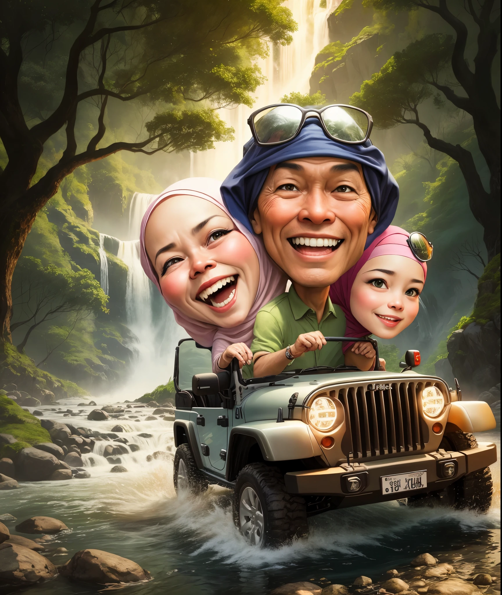 arafed picture of a family in a jeep with a waterfall in the background, Mother wears the hijab, caricature illustration, cartoon digital painting, cartoon art, digital cartoon painting art, cartoon digital art, an indonesian family portrait, caricature style, cartoon artstyle, digital art cartoon, cartoon painting, in cartoon style, cartoon portrait, by Abidin Dino, potrait, happy family