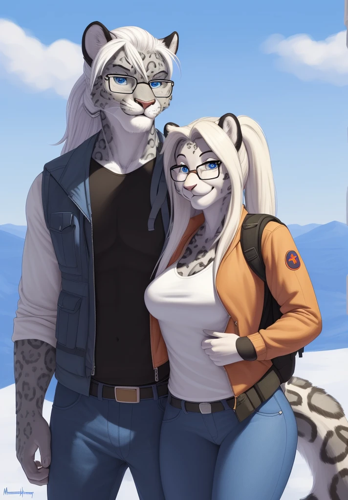 by meesh, (best quality, masterpiece:1), solo, anthro, furry, female, ((Snow Leopard)), blue eyes, white hair, long hair, ponytail, portrait, fingers, finger claws, looking at viewer, snow leopard tail, ((large tuft of hair on the ?????)), ((denim jeans)), ((jacket)), ((shirt)), ((fully clothed)), ((??????????????)), ((tactical vest)), ((backpack)), ((nerd)), glasses, braces, smiling, ((1woman)), ((1man)), ((man's arm around woman's waist groping ??????)) ((posing for photo)) ((Male anthro)), ((taller male)), ((shorter female)), ((muscular male))
