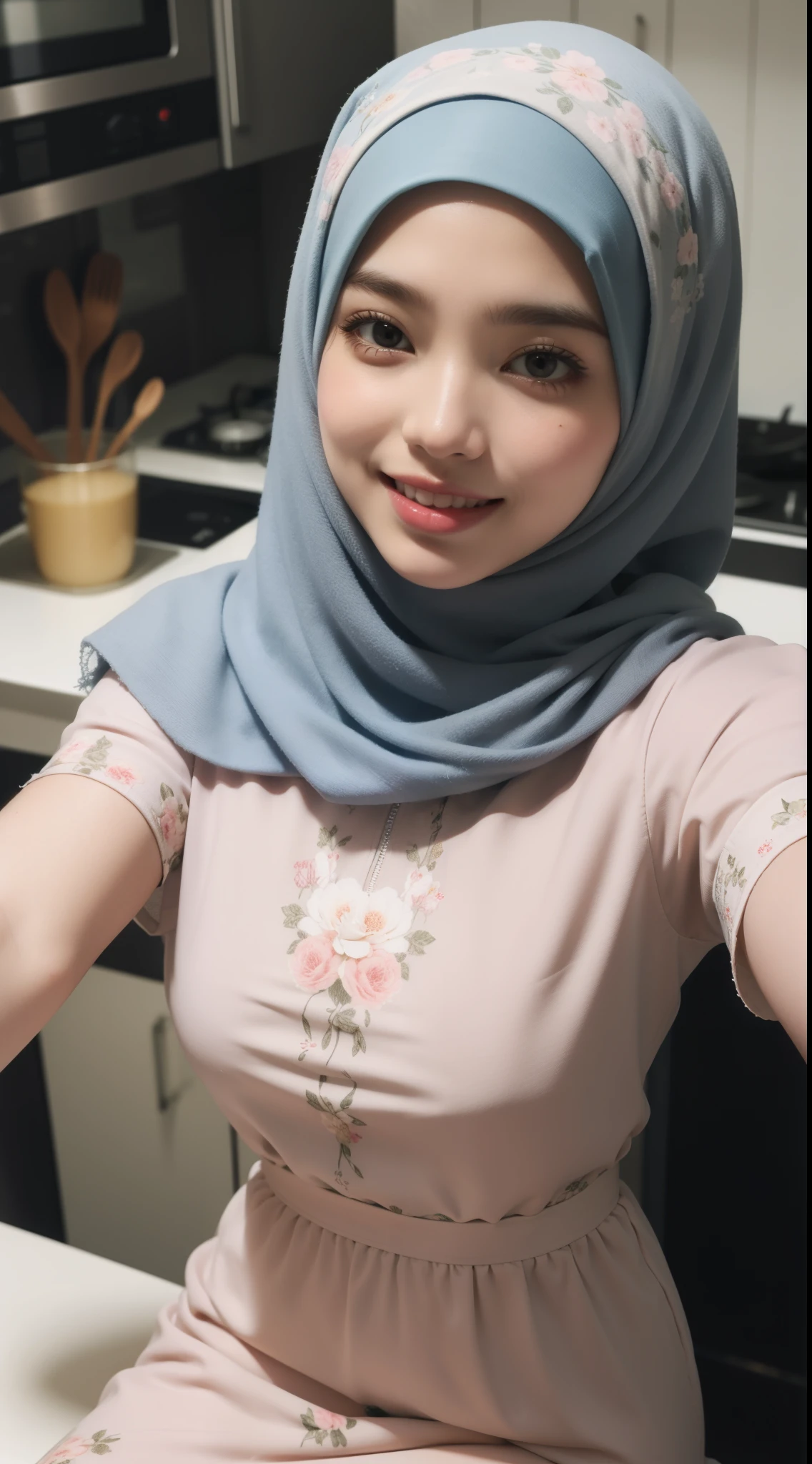 4 beautiful malay girl in light pastel color hijab taking selfie in modern kitchen, wear pastel floral pattern baju kurung, friendly and laughing situation, laughing, happy, modern pastel color kitchen, detailed skin texture, soft lighting, pastel color theme,Super 8mm lense, Extreme close-up, deep focus cinematography effect, Natural Lighting, pastel color grading, high quality, ultra detail, 8k resolution