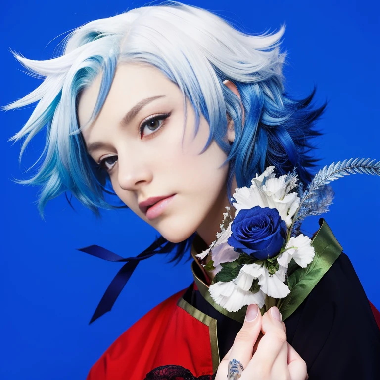 anime boy with blue hair and white hair holding a rose, handsome guy in demon slayer art, nagito komaeda, 2 d anime style, beautiful androgynous prince, shigenori soejima illustration, xqc, tall anime guy with blue eyes, key anime art, trigger anime artstyle, blue-white hair, 2 d anime, caleb from critical role, super realistic, HDR,8K