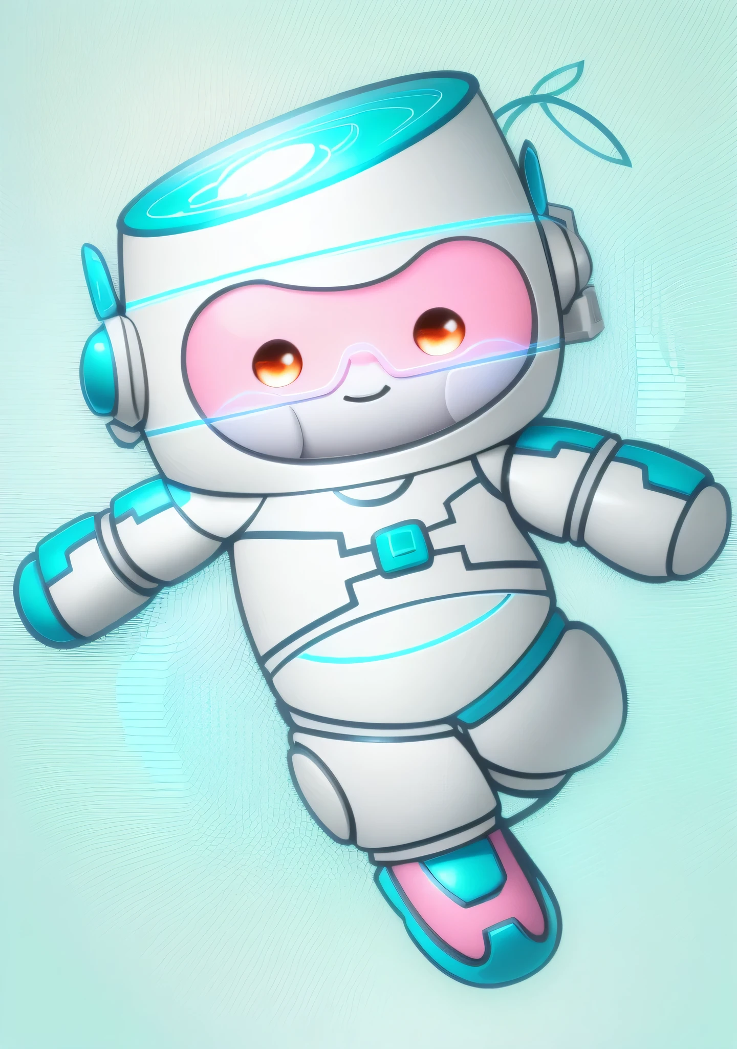 A character,The helmet is shaped like green bamboo,Beveled cross section.,gray and royal blue,Beanie eyes with blue goggles,pink oval nose,Smiling little mouth,Blush suitable for two people,Wearing a mecha costume,Light gray mecha costume,The mecha costume is decorated with royal blue lines.,The chest is a green gem,c4d渲染,Best quality,IP design,