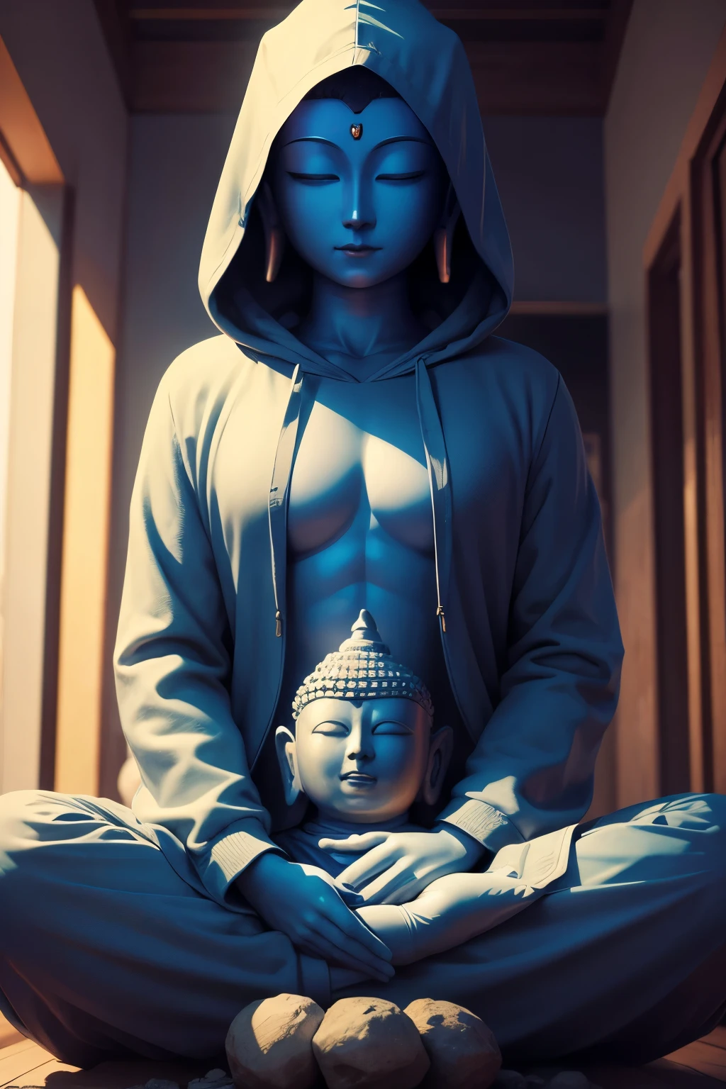 There is a blue Buddha statue facing the front and wearing a hoodie hood,Buddha, the buddha, buddhism, beautiful image,Buddha,Buddha