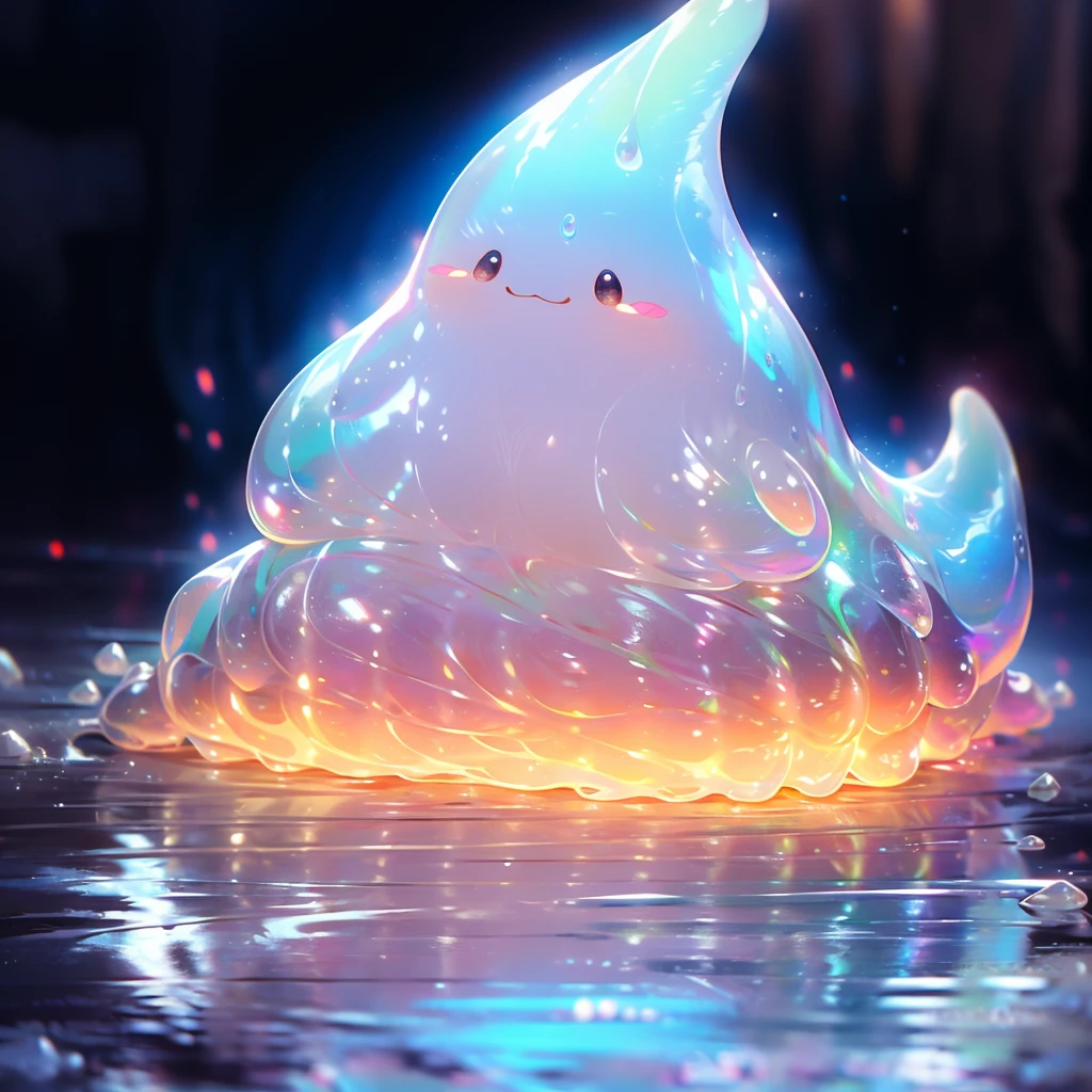Glossy iridescent colored slime, Cute face,Vivid and translucent texture, Slime stretch and squeeze, Detailed pubic hair, patterns and swirls, flashes and reflected light, The joy of touching and playing, A masterpiece in high resolution, vivd colour, Soft studio lighting.