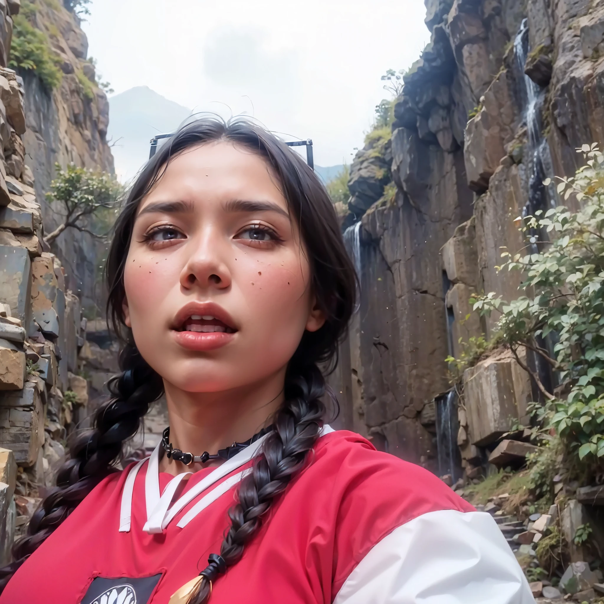 there is a woman standing in front of a mountain with a long braid, coban, young beautiful woman, photo taken in 2 0 2 0, a mountain look like a women, low quality video, ayahausca, tiktok video, with mountains as background, by Mym Tuma, kilin eng, facebook post, monserrat gudiol, (big breast:1.6)