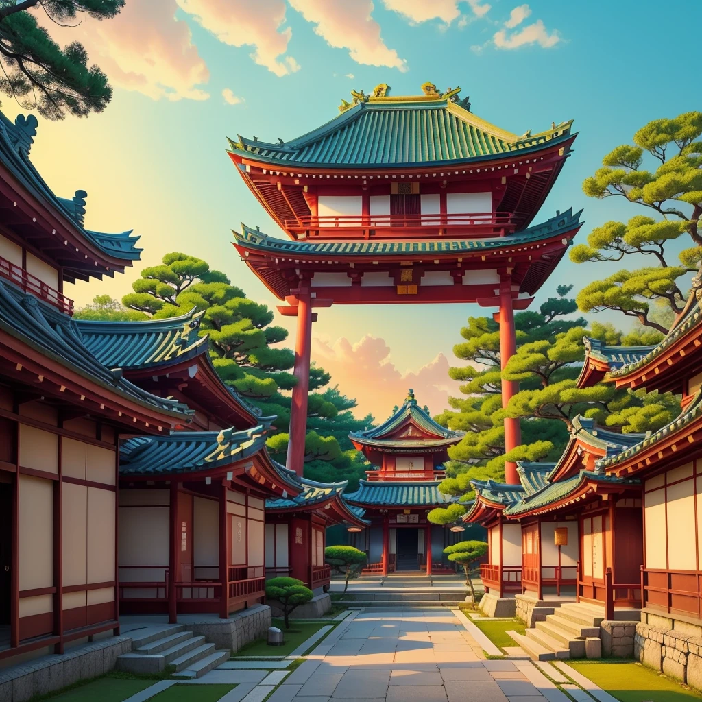 Temple japonais. Ambiance lofi. Ambiance manga. Rose. Vert. Bleu. A chat is ballade pres du temple. Le soleil se couche. Sunrise. Manga. Anime.