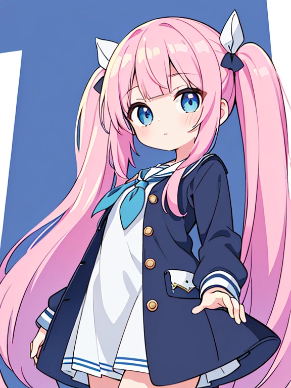 beautiful illustrations, highest quality, (12 year old girl:1.4)、(pretty girl:1.5)、、flat chest、sailor collar、(White long tunic)、long sleeve sailor suit、Blue-line cuffs、(pink chino shorts:1.4)、(pink shorts with wide opening:1.2)、Gap between thigh and pants、slim thighs、white socks、 cinematic lighting, (pink long hair)、pink straight hair、redness of cheeks、(Braiding of the back of the head)