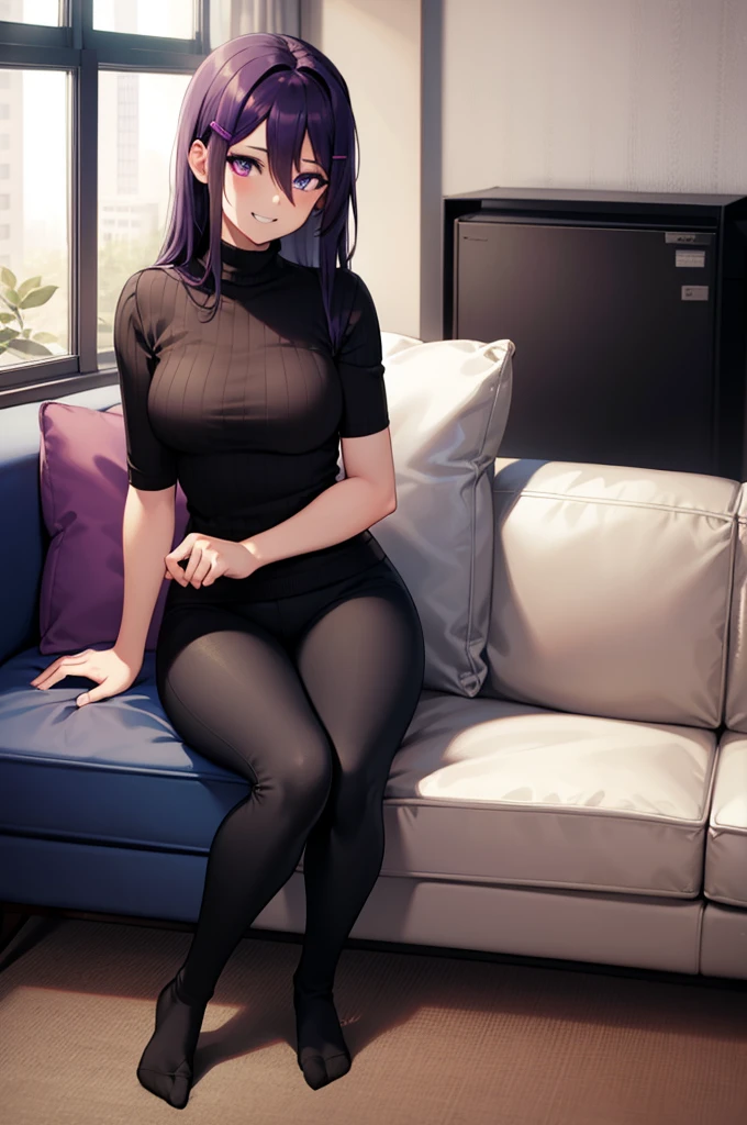 ((full body:1.4)), ddlcyuri, ddlcyuri, hair ornament, hairclip, long hair, (purple eyes:1.1), purple hair, grin, smile, hair over eyes, serious face, living room background, ((sitting on black sofa:1.4)),
casual clothes, grey sweater, ((black pants:1.4)), ribbed sweater, sweater, ((white socks:1.4)), turtleneck, turtleneck sweater,
BREAK looking at viewer, BREAK indoors, classroom, BREAK (masterpiece:1.2), best quality, high resolution, unity 8k wallpaper, (illustration:0.8), (beautiful detailed eyes:1.6), extremely detailed face, perfect lighting, extremely detailed CG, (perfect hands, perfect anatomy)