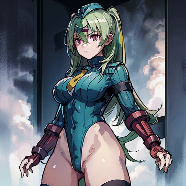 ultra-detailed, , Beautiful body, Beautiful Nose, Beautiful character design, perfect eyes, perfect face, ultra highres, 4K, beautiful legs, perfect legs, Nice hands, Perfect hand, Masterpiece, Best Quality, Highly detailed, illustration, absurdres, street fighter, doll suit, shadaloo doll, dollsuit, girls, multiple girls, expressionless, blank eyes, looking at viewer, red gloves, emotionless, black , corrution, mind control, female combatant, full body, hypnotized, unhappy trance, full body suit, ribbed , obey, perfect female body, extremely glossy , hypnosis, hypnoLora, empty eyes, Mind control device, poses, brainwashed, _pose, Slave, hat, necktie, belt, , garter belt, thighhighs, stand up straight, standing, standing at attention, Heaven burn’s red, Isuzu Oshima, green hair, purple eyes, long hair