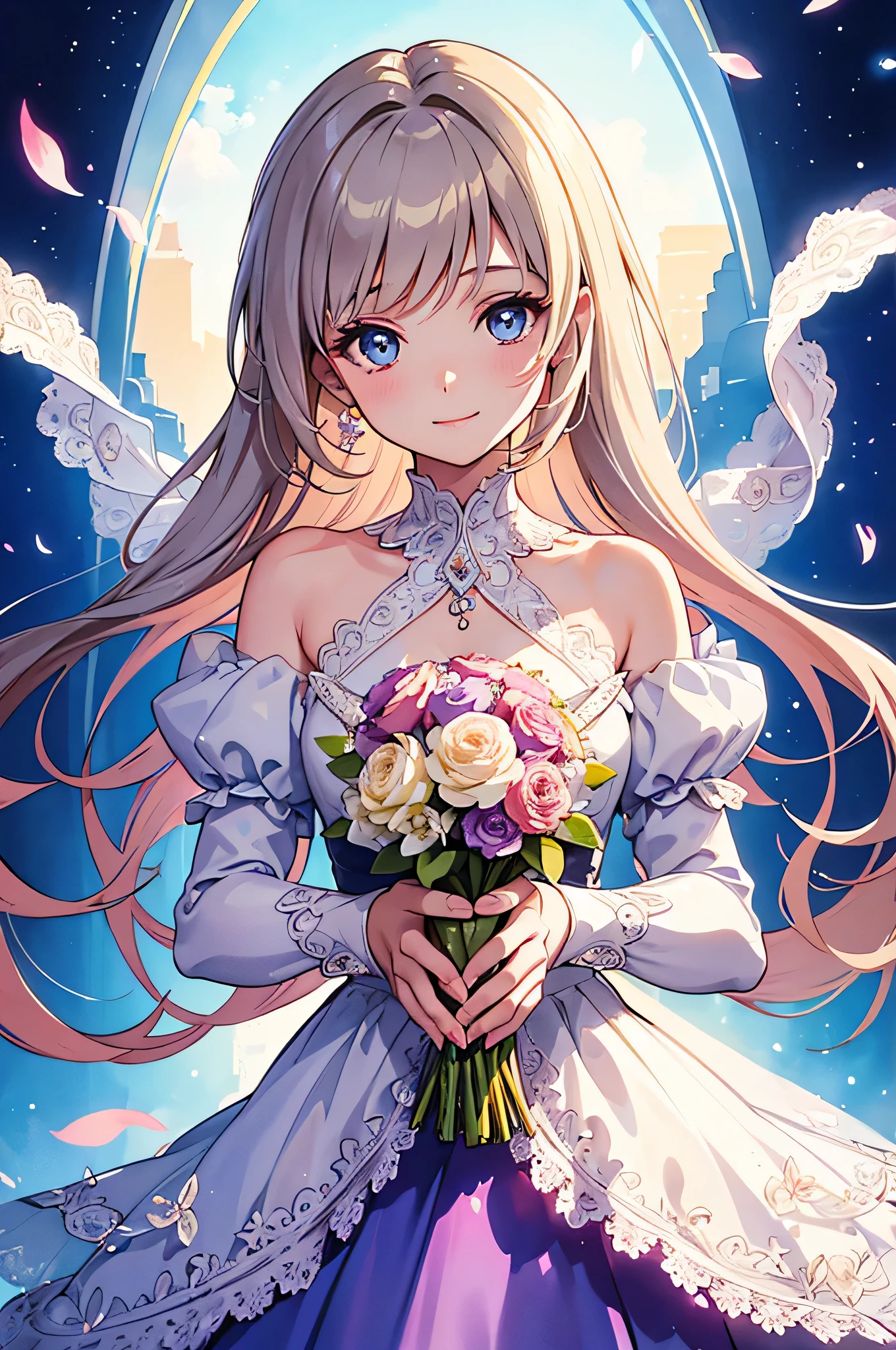 luxurious backdrop, Chic dresses, Diagonally up, cute and gentle smile, Beautiful girl with a beautiful bouquet of flowers whose hands are invisible, Beautiful eyes, Rich watercolor painting, Colorful, (DELICATE DETAILS, complex composition: 1.5) ( Very detailed)) complex composition: 1.5),