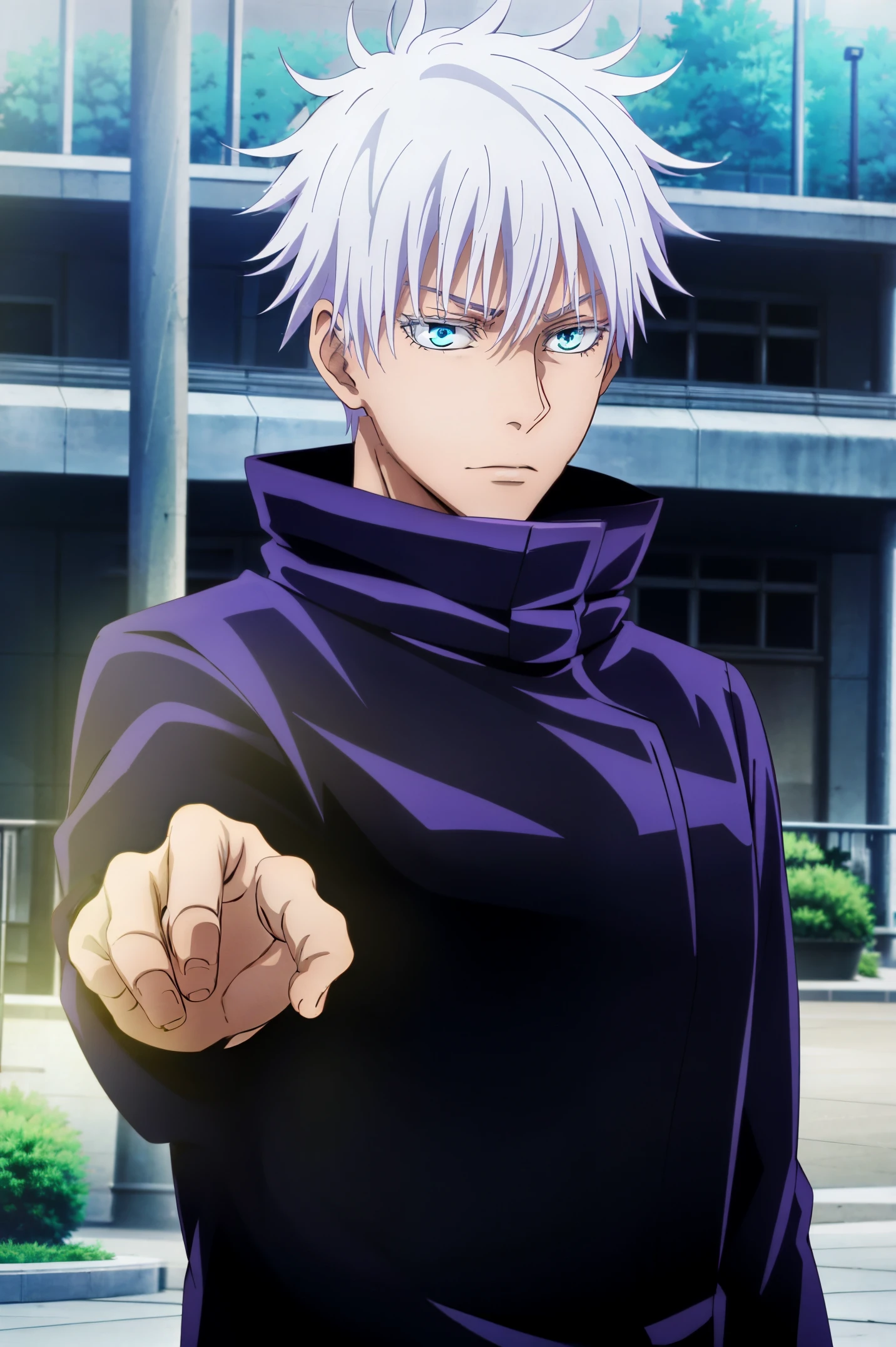 best quality, ultra high res, Gojo Satoru, Jujutsu Kaisen, looking at viewers, standing, white hair, blue eyes,  black jacket ,popped collar, outdoors, solo focus, upper body, ryoiki tenkai, stylish_pose