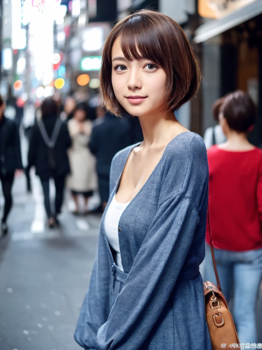 Jun Hasegawa、Shorthair、超A high resolution、(Photorealsitic:1.4)、女の子1人, Casual dress、Dynamic Pose、The upper part of the body、tokyo street,cleavage、