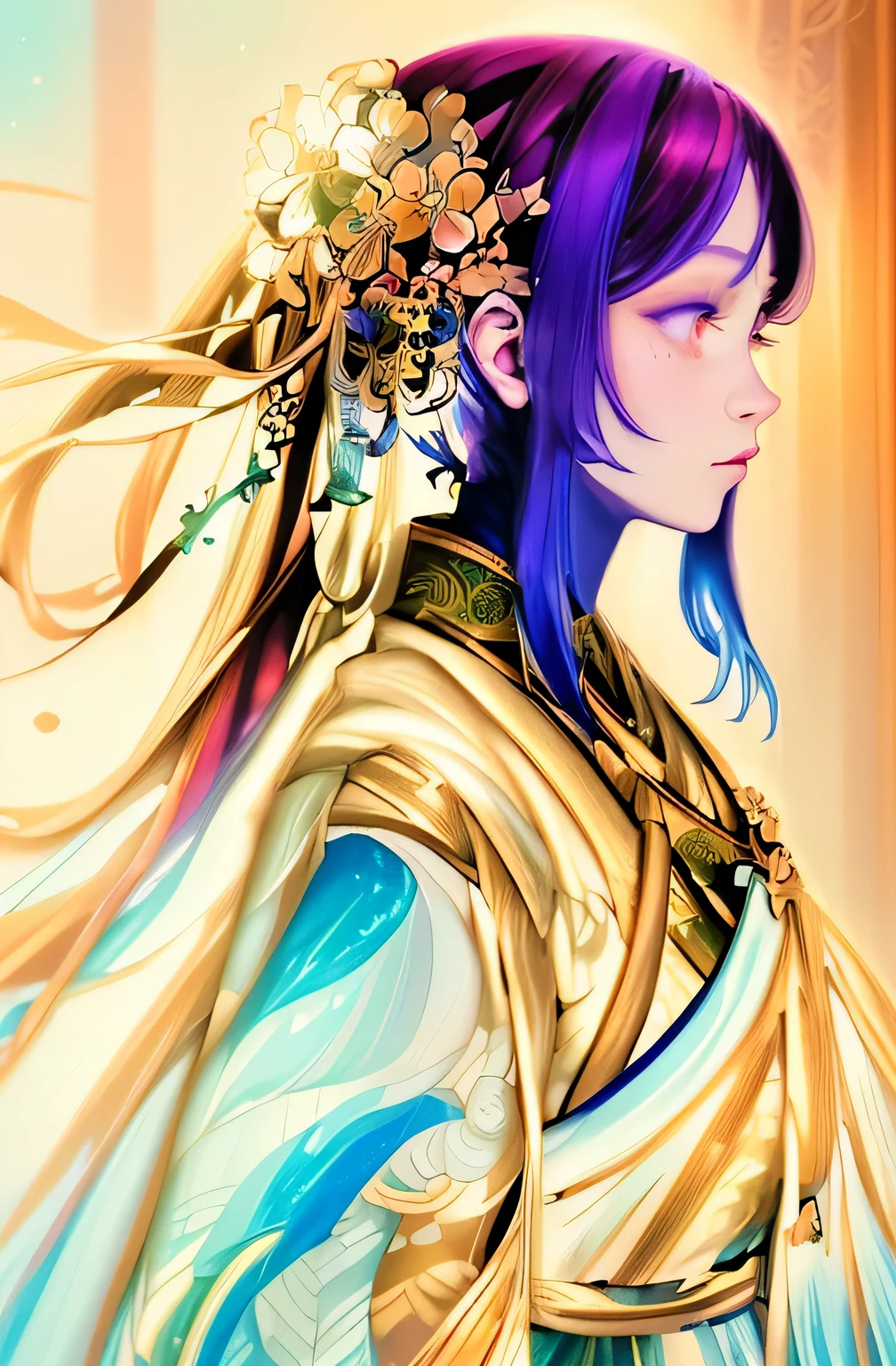 (stunning goddess like coloring:1.3), good-look nice beauty highlight eyes, reflects view of life and death coloring, use of rich color palette, matte and glitter best balance, intricate detail of harmony matte paint of gouache and oil paint, insane majestic hair glow, cinematographic, dark fantasy mythical atmosphere, epic Gregorian architecture background, divine and eternal atmosphere, attractive psytrance fantasy, fascinating wind veil, spiral vortex pulsating energy background detail, stunning transitional, intricate detailed masterpiece, dynamic swing effect element piece, dark glow, light and shade brushstrokes, beautiful detail glow, all captured in sharp focus, gentle as water brush strokes,