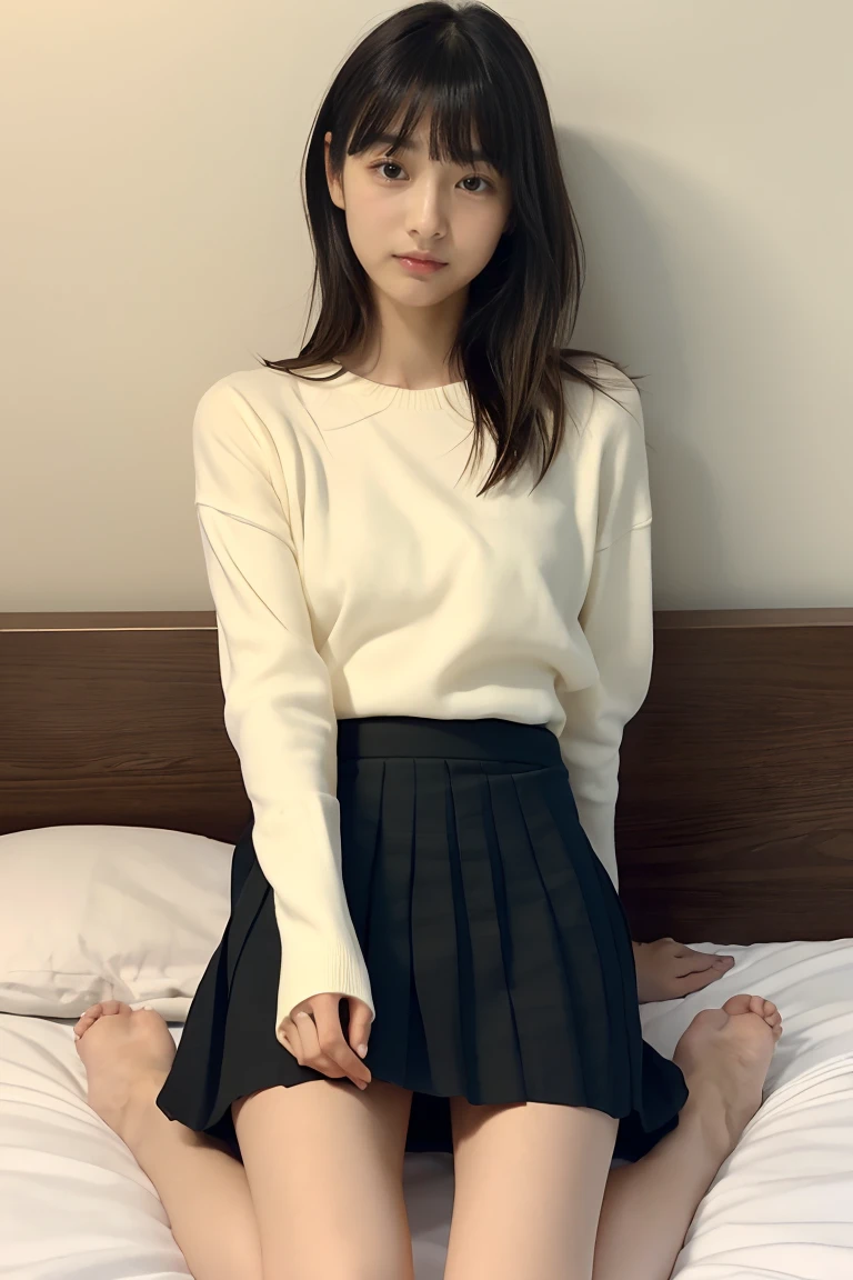 An ultra-high picture quality、Perfect Photo、19-year-old beautiful girl、Japan beautiful girl、Female college student、light skinned、slender、Light makeup、Beautuful Women、(Lying on his back on the bed)、Nokezoru、With bangs、((Anxious expression))、Skinny Legs、(((Black pleated mini skirt)))、Raised mini skirt、Light makeup、(hate)、(Painful)、(closed eye)、((Stand on both knees))、(Open knees)、(((The base of the foot is completely visible)))、(raise her legs)、(resist)、(激しくresist)、sports hair、medium-Long hair、(Teary-eyed)、girl's own room、thighs thighs thighs thighs、(((I can see panties.)))、(I can see a little bit of underwear)、kne、ankle、anus、