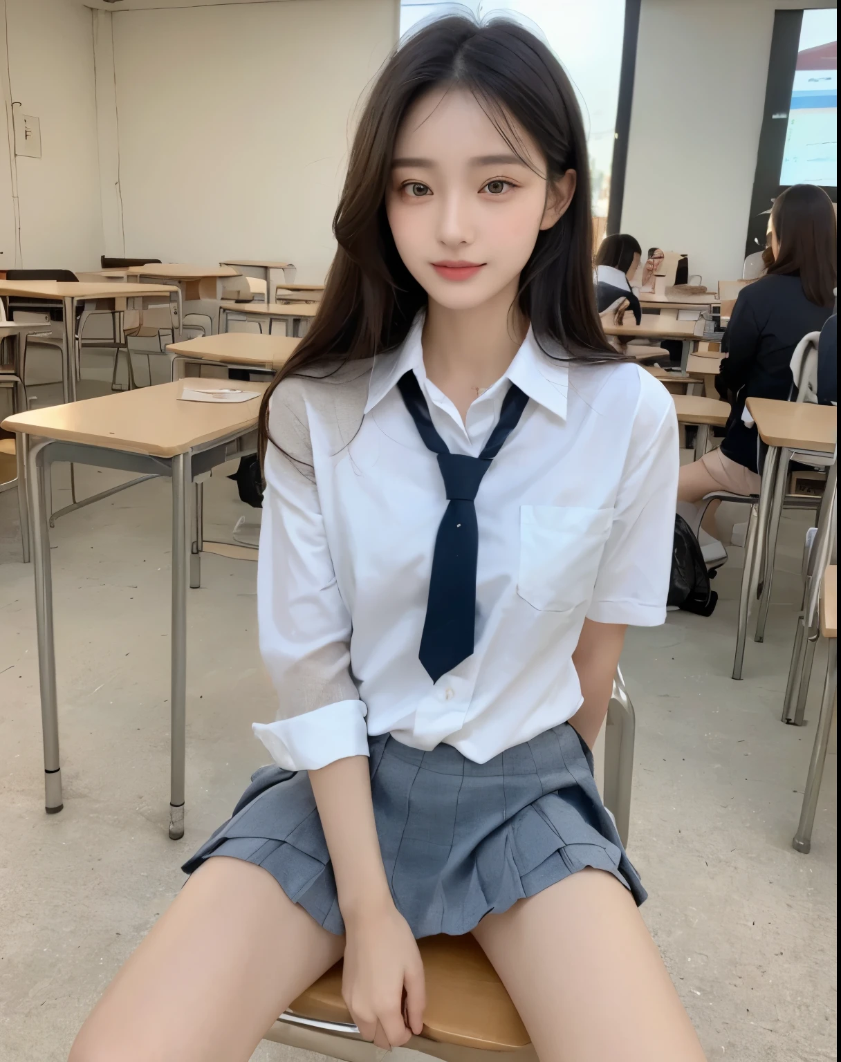 (((Best Quality, 8K, Masterpiece: 1.3,)), high-definition facial features, delicate facial feature, 1girl, Slim Abs Beauty: 1.3, ((long hair, natural hair)), (((wearing sexy school uniform))) fine Face, (((Delicate Eyes))), Double Eyelids, Smile, looking at the viewer, (full body 1.5), (((class room))), ((((natural background)))), (sitting) chair,