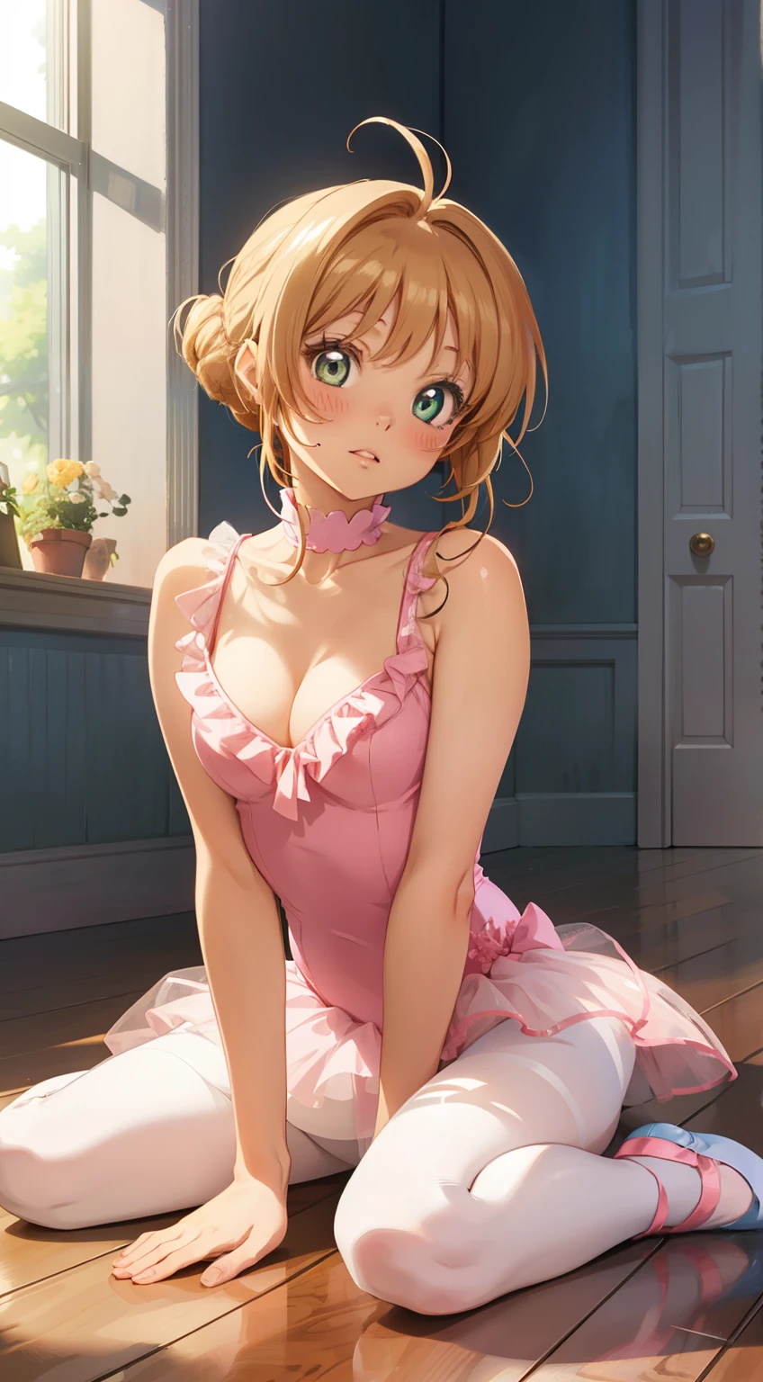 masterpiece, best quality, highres, perfect pixel, depth of field, 1girl, single, solo, beautiful anime girl, beautiful artstyle, (detailed face), (blush), anime CG style, (medium breasts), good lighting, perfect body, lips parted, (sakura kinomoto), glossy lips, cleavage, (ballerina), sleeveless leotard, (tutu), pantyhose, (sitting on floor), (knees bent:1.2), wood floor, sitting