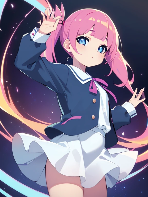 ((masterpiece、top-quality:1.5、a high chroma:1.5、ultra-detailliert、high-resolution illustrations:1.5、Ultra-high-definition CG、8k size wallpaper、offcial art))、,(highly colorful:1.5),(front view:1.5),(1girl),(pink hair,twintails),( girl:1.5)、(Shining blue eyes:1.5),(Beautiful face:1.5,Beautiful eyes:1.5)、(close to viewer:1.5),
(clearface:1.3)、(school uniform),(medium breasts),(cowboy shot:1.5),school,colourfull、