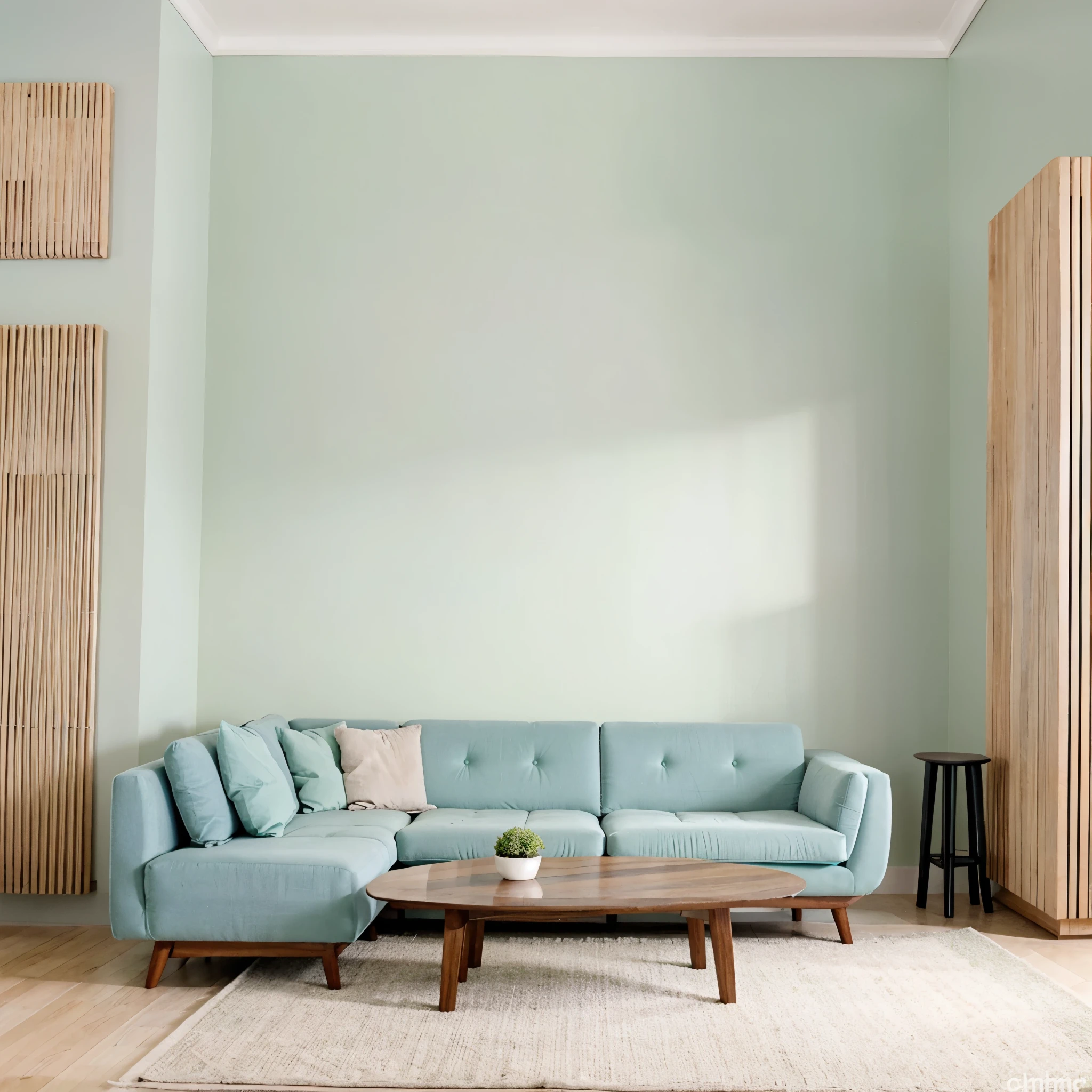 Female supermodel. Wooden dining table. Pastel green walls. Grey carpet. Sky blue sofa.