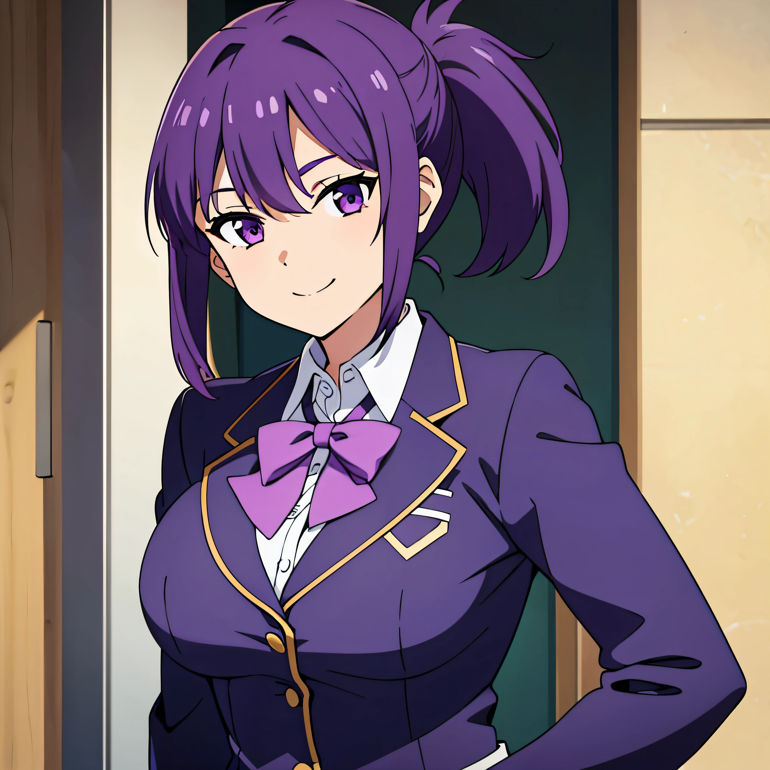 girl, Solo, Upper body focus, Purple hair, Ponytail, Purple eyes, School uniform, Smile, cute girl, Big Breast