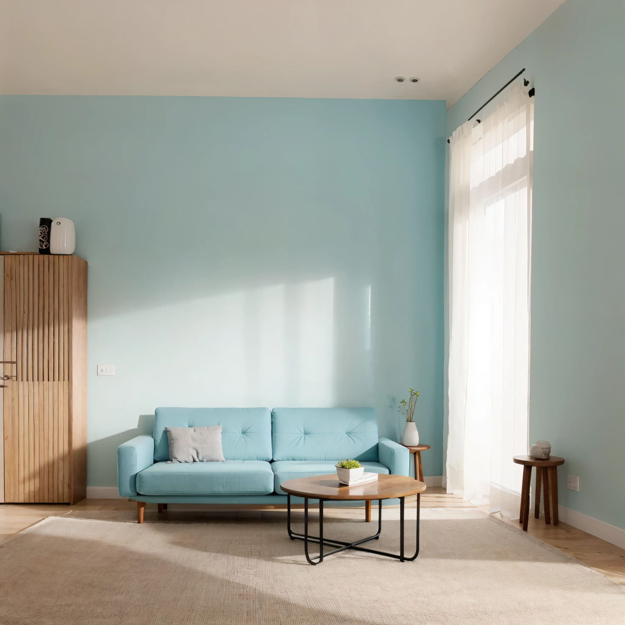 Sky blue sofa. Wooden dining table. Pastel green walls. Grey carpet.