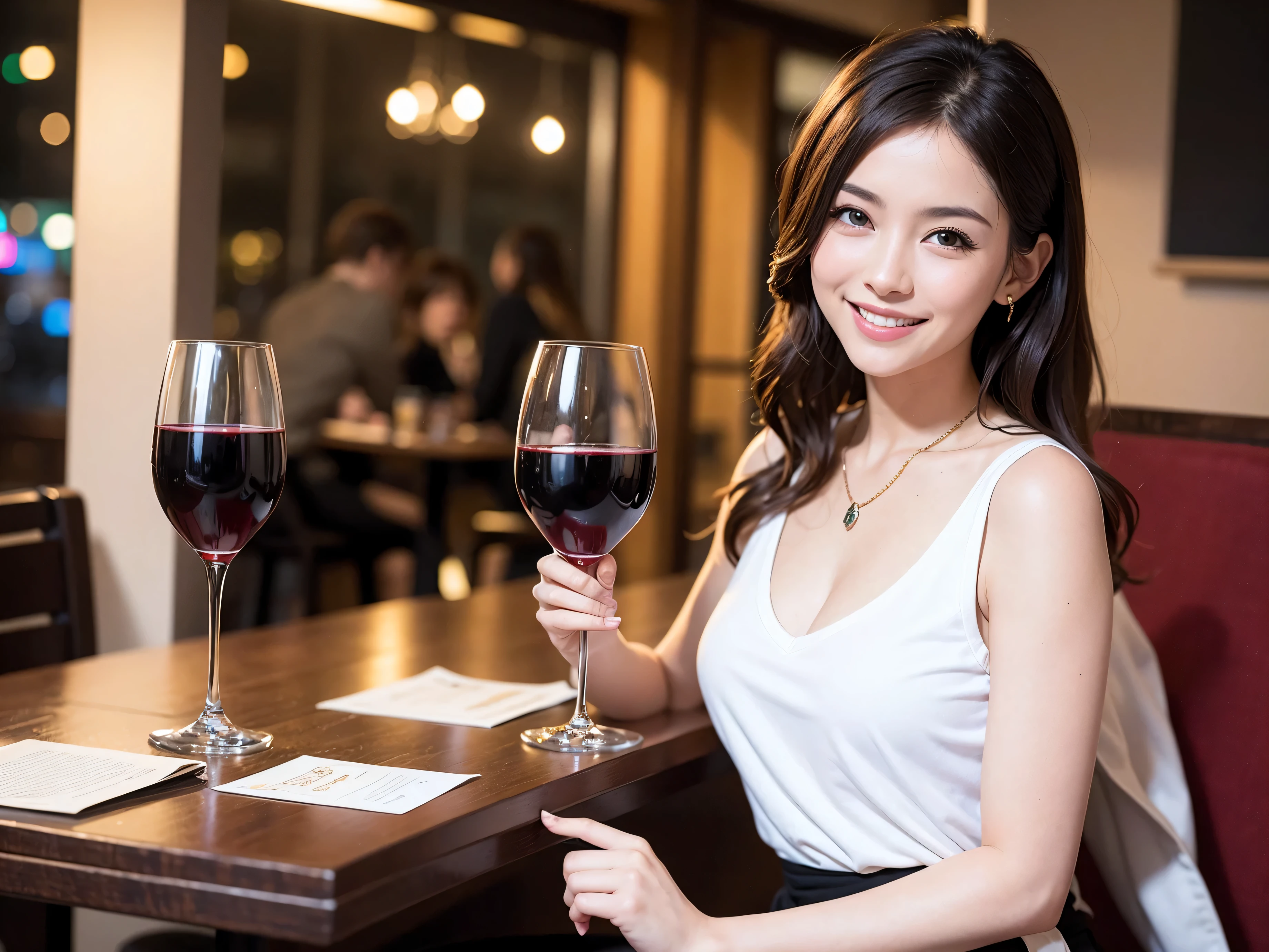 (64k uhd, nffsw, of the highest quality, masutepiece: 1.2), (Realistic, photoRealistic: 1.37), 1 pretty woman, (Slim Face), (slimボティ), (Brown hair), (short-cut), cheeks blush a little, (35 years old), 38 years, Solo, A beautiful and detailed night view spreads out outside the window.., restaurant, wine glassesが座っている, At night, In a prominent place (from waist up) NovaFrogStyle, actress, Model, waist-up, white wine, slim, wine glasses, Super Clean Night View, wine glasses Put in the Middle, Happy Smile, (Smile: 1.15), Beautiful fine eyes, Upper body, Bust Japan Up, Night, Short, Short, actress, Model, waist-up, white wine, slim, wine glasses, Super Clean Night View, wine glasses Put in the Middle, Happy Smile,
