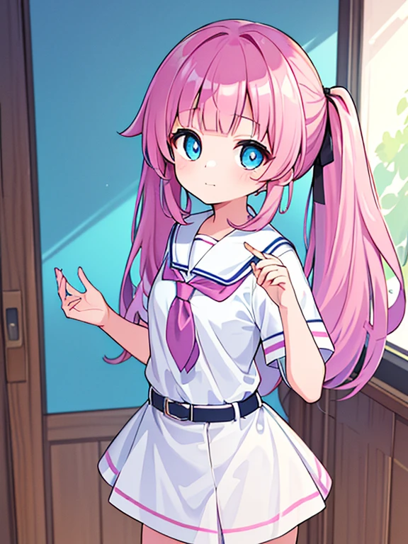((​masterpiece、top-quality:1.5、a high chroma:1.5、ultra-detailliert、high-resolution illustrations:1.5、Ultra-high-definition CG、8k size wallpaper、offcial art))、,(highly colorful:1.5),(front view:1.5),(1girl),(pink hair,twintails),(Cute little girl:1.5)、(Shining blue eyes:1.5),(Beautiful face:1.5,Beautiful eyes:1.5)、(close to viewer:1.5),
(clearface:1.3)、(school uniform),(medium breasts),(cowboy shot:1.5),(school),colourfull、