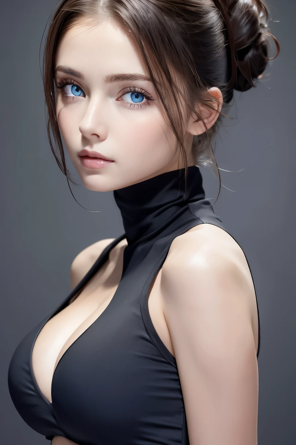 Skin Tight Black Top:1.2, Looking at Viewer, Cinematic lighting, Perfect, softlight, High resolution skin:1.2, Realistic skin texture, years、a small face、no-makeup、, off shoulders,Bust B Cup、Small cleavage, Blue eyes, Bun hair, dark brown hair、Bold poses、Gray background、