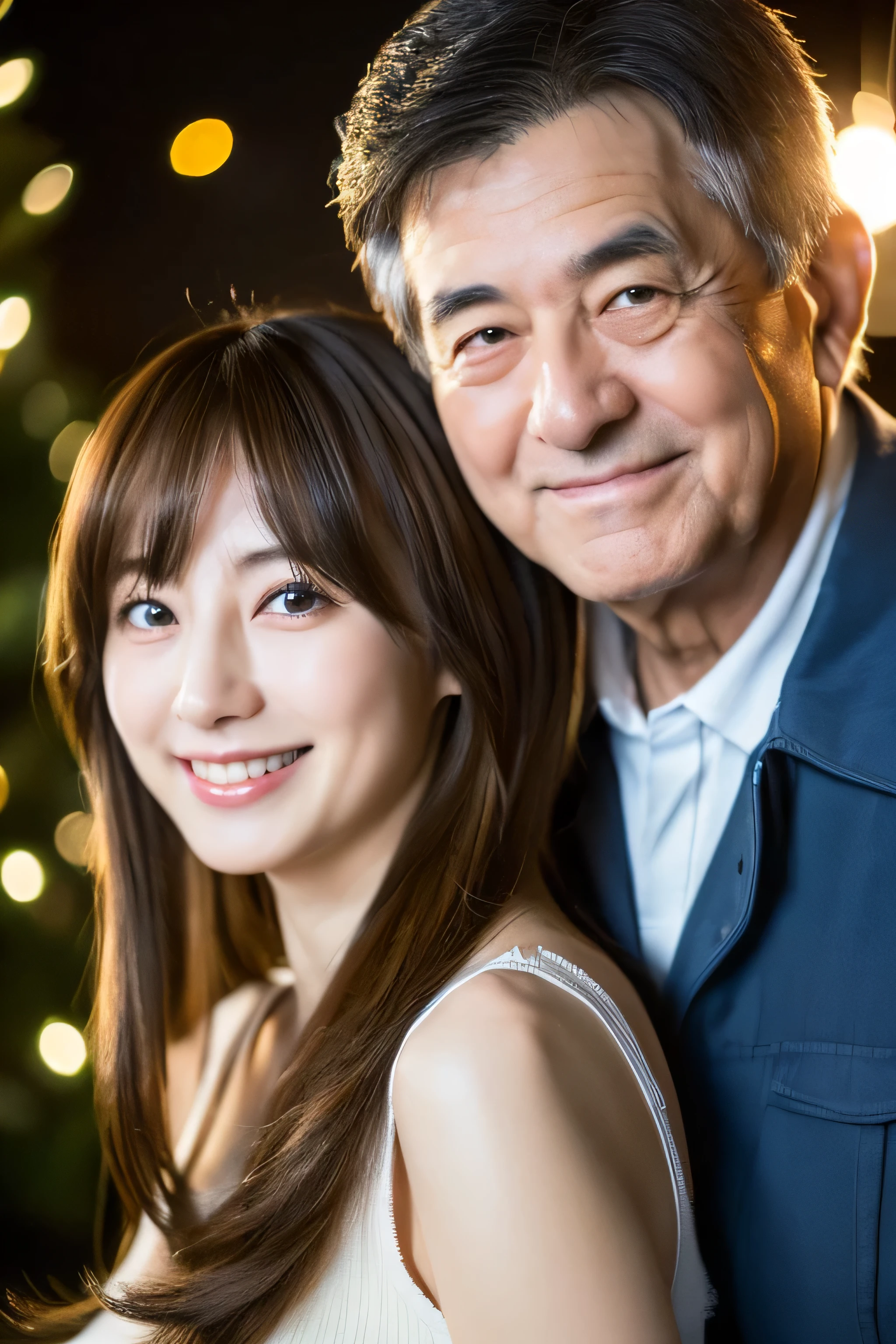 ((top-quality、8K、masterpiece:1.3))、Japan years difference couple、20 year old cute woman and 60 year old man、(The long-haired、Colossal tits:1.2)、Oversized tank top:1.2、Super delicate face、Delicat eyes、二重まぶた、A smile、nighttime scene、Christmas
