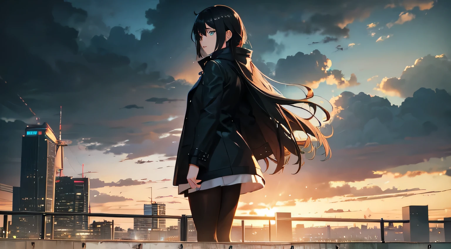 1girls, lange braune Haare, green eyes, He wears a black coat, graue Leggings, schwarze Stiefel, Stadt, Sommerabend, Regnet, im Stil von Makoto Shinkai, hight resolution, ultrascharf, 8K, Meisterwerk, Blick auf den Betrachter