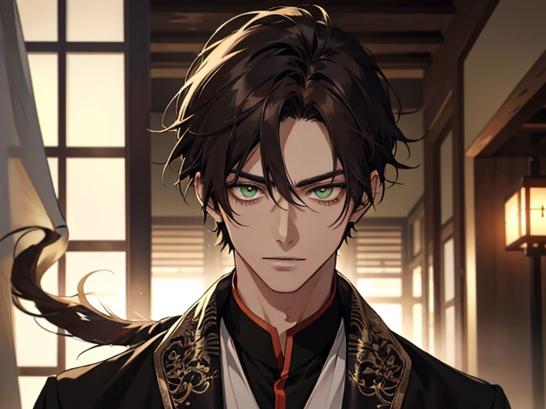 highres, superb quality, Hyper HD, 巨作, highly detailed, ((sexy tall man, young__face)), (glowing green eyes), olive green eyes, masterpiece, sharp eyes, piercing eyes, smirking, smirk, gradient ((dark brown hair)), shaggy hair, ((rat tail hair)), ((rattail hair)), darkbrown_hair, ashybrown_hair, ash_brown hair, hair between eyes, ((tan skin)), indoors, wearing black skinny jeans, wearing brown sweater, solo, 1 man, male, young man, tan teenager, handsome anime boy, low screen contrast, high brightness, soft lighting, soft focus, mysterious, cinematic lighting, close -up, portrait, ❤ love anime boy with black hair and green eyes wearing a red jacket, beautiful androgynous prince, delicate androgynous prince, handsome guy in demon slayer art, handsome japanese demon boy, handsome prince, by Yang J, stunning anime face portrait, by Ni Tian, his eyes are red and glowing, his eyes are bleeding intense