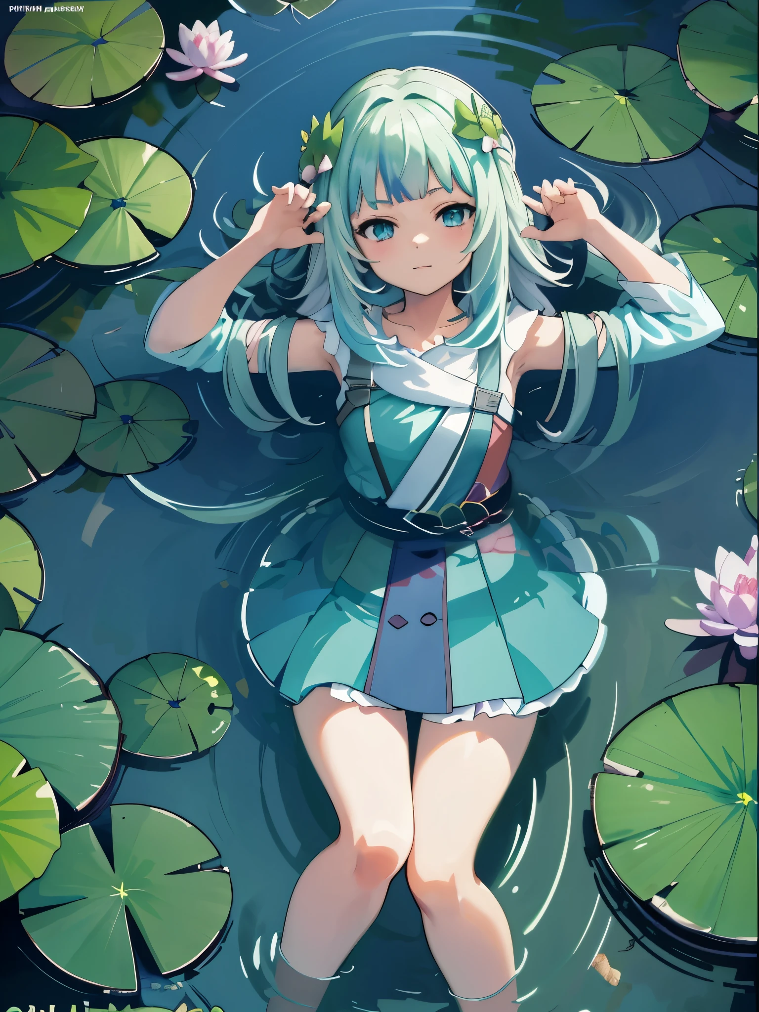 anime girl sitting in a pond of water with lily pads, happy, wallpaper anime blue water, in a pond, lying on lily pad, anime girl walking on water, waterlily mecha nymphaea, anime art wallpaper 8 k, nymph in the water, in a lake, anime art wallpaper 4k, anime art wallpaper 4 k, lily pad
