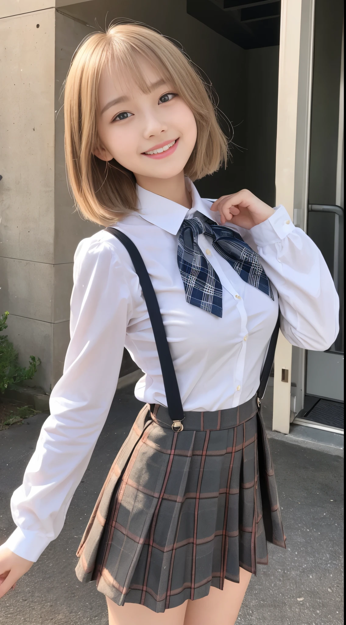 little young girl.................,, in front of the school、Connect to skirt with suspenders、White shirt with long sleeves、Plaid skirt、Lori, , sakimichan,, nice and cute, Innocent smile, , Lovely smile, sakimichan HDRI、loli big boobs、(Beauty Big 1:1)、a blond、little girl with short hair、Pose cutely