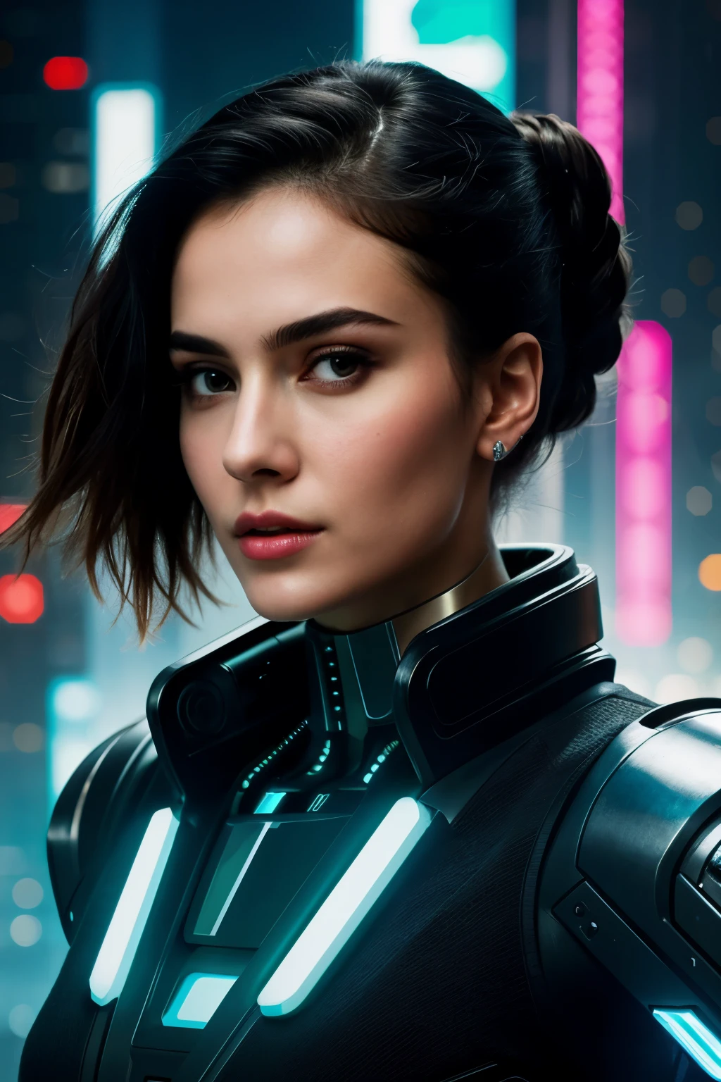 ((best quality)), ((masterpiece)), (detailed), perfect face, Imagine a futuristic concept art of a female cyberpunk bionic android with advanced nanotechnology that allows her to merge with the very fabric of the cyberpunk cityscape, her presence becoming an integral part of the neon-lit metropolis. Use a sleek, futuristic design to capture the evolving nature of technology and humanity