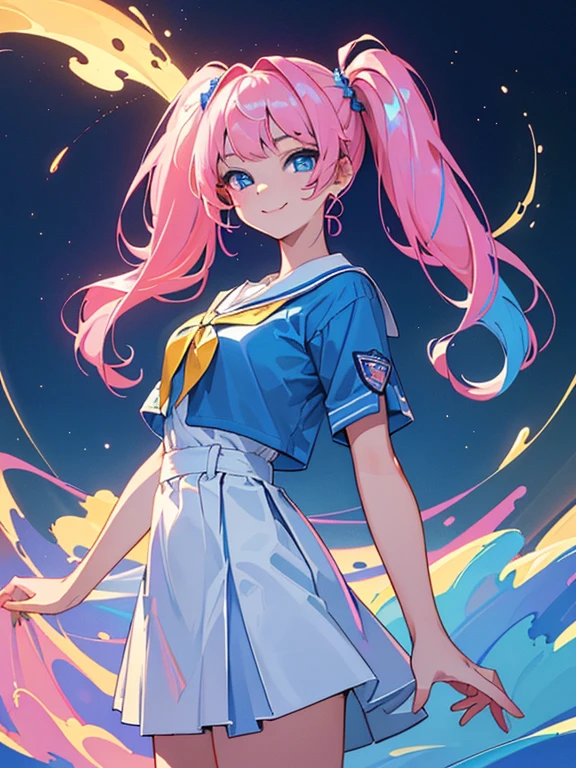 ((masterpiece、top-quality:1.5、a high chroma:1.5、ultra-detailliert、high-resolution illustrations:1.5、Ultra-high-definition CG、8k size wallpaper、offcial art))、,(highly colorful:1.5),(front view:1.5),(1girl),(pink hair,twintails),( girl:1.5)、(Shining blue eyes:1.5),(Beautiful face:1.5,Beautiful eyes:1.5)、(close to viewer:1.5),
(seductive smile:1.3)、(school uniform),(medium breasts),(cowboy shot:1.5),(school),colourfull、
