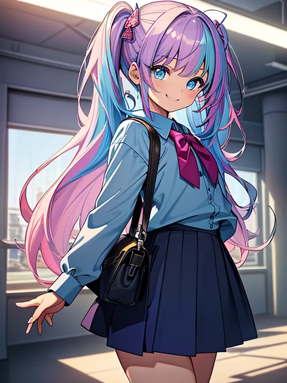((masterpiece、top-quality:1.5、a high chroma:1.5、ultra-detailliert、high-resolution illustrations:1.5、Ultra-high-definition CG、8k size wallpaper、offcial art))、,(highly colorful:1.5),(front view:1.5),(1girl),(pink hair,twintails),( girl:1.5)、(Shining blue eyes:1.5),(Beautiful face:1.5,Beautiful eyes:1.5)、(close to viewer:1.5),
(seductive smile:1.3)、(school uniform),(medium breasts),(cowboy shot:1.5),(school),colourfull、