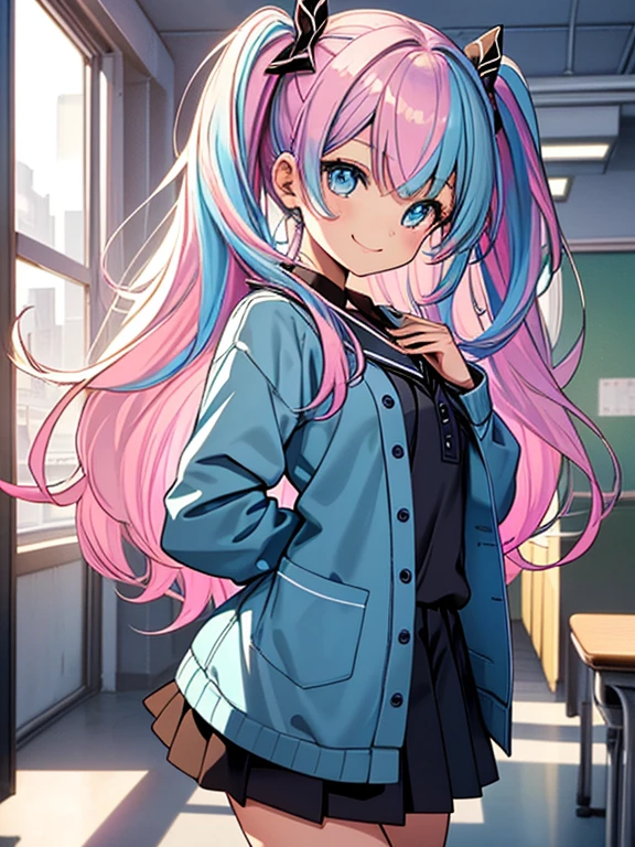 ((​masterpiece、top-quality:1.5、a high chroma:1.5、ultra-detailliert、high-resolution illustrations:1.5、Ultra-high-definition CG、8k size wallpaper、offcial art))、,(highly colorful:1.5),(front view:1.5),(1girl),(pink hair,twintails),(Cute little girl:1.5)、(Shining blue eyes:1.5),(Beautiful face:1.5,Beautiful eyes:1.5)、(close to viewer:1.5),
(seductive smile:1.3)、(school uniform),(medium breasts),(cowboy shot:1.5),(school),colourfull、