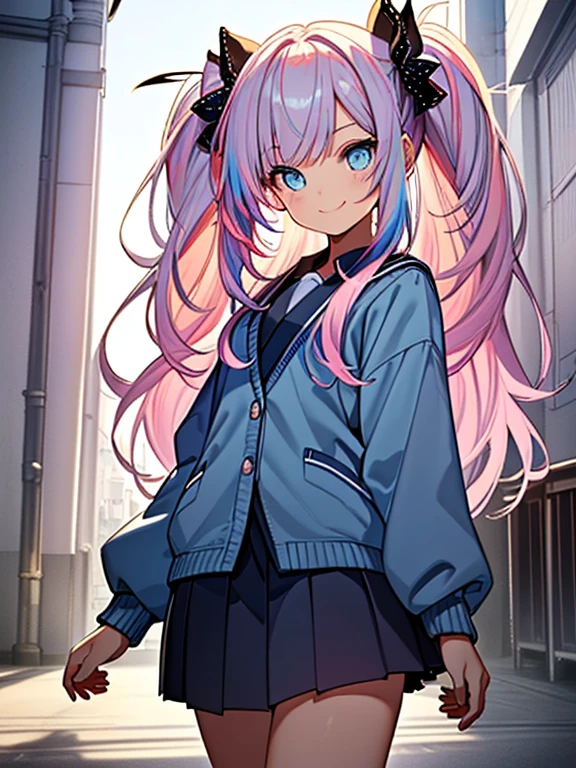 ((masterpiece、top-quality:1.5、a high chroma:1.5、ultra-detailliert、high-resolution illustrations:1.5、Ultra-high-definition CG、8k size wallpaper、offcial art))、,(highly colorful:1.5),(front view:1.5),(1girl),(pink hair,twintails),(Cute little girl:1.5)、(Shining blue eyes:1.5),(Beautiful face:1.5,Beautiful eyes:1.5)、(close to viewer:1.5),
(seductive smile:1.3)、(school uniform),(medium breasts),(cowboy shot:1.5),(school),colourfull、