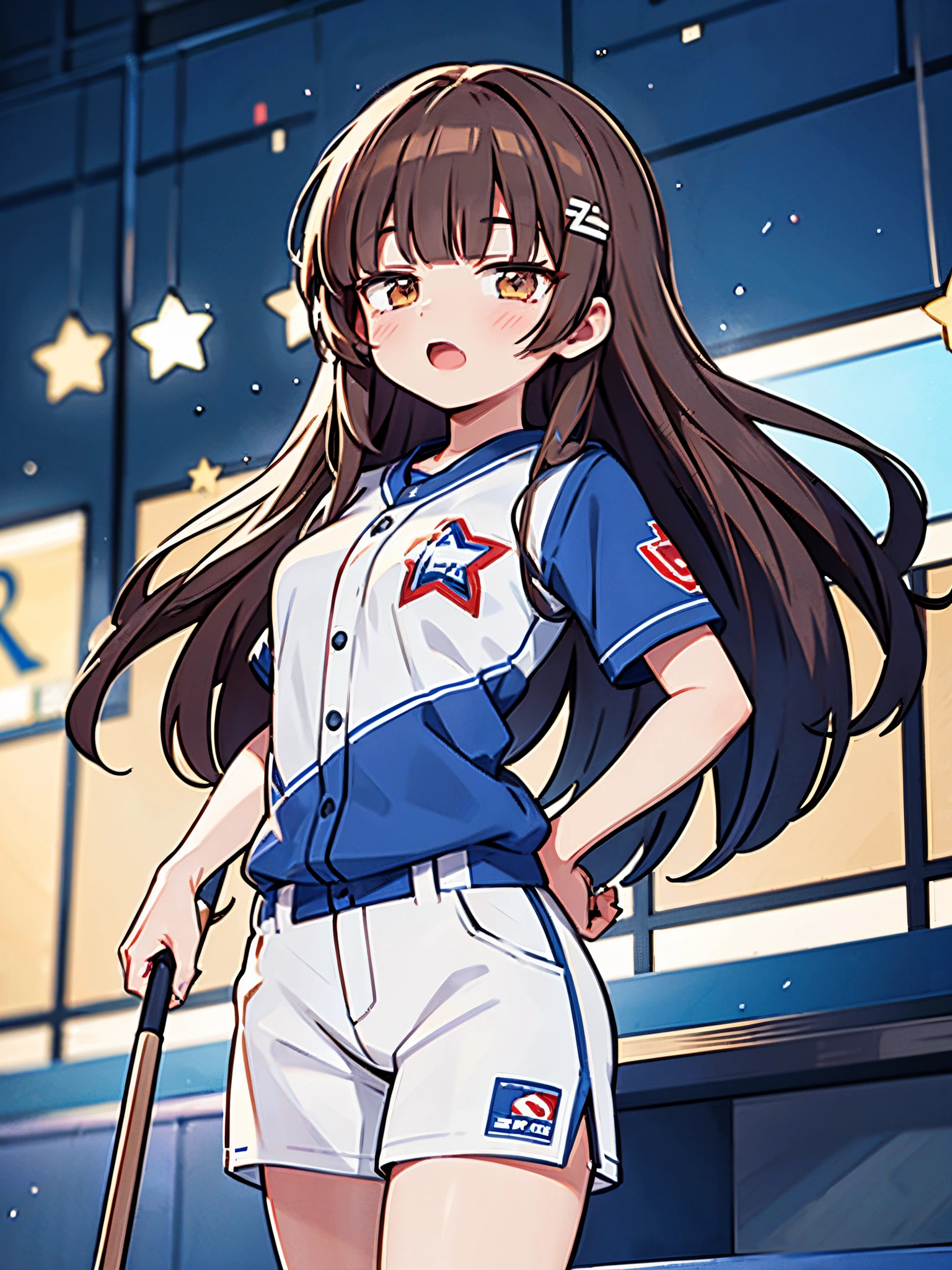 1girl, (solo), 
((Blunt bangs)), brown hair, brown eyes, long straight hair, ((silver-star-hairpin on her right bang)), blue baseball uniform, Left Wing Seats at the baseball stadium, with flag, cheering, full house, shouting, show the grinps,
masutepiece, ultra-detailliert, best quality,