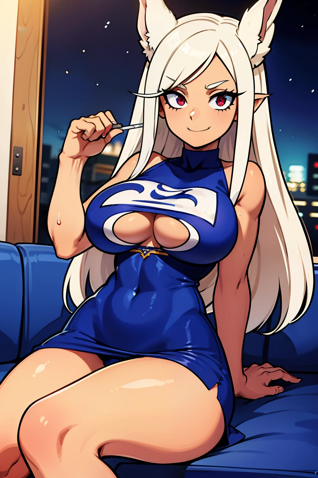 Cute girls,ojos rojos redondos, cabello blanco、orejas de conejo,sexy、sonriendo,Peinado liso medio a largo、(Bigboobs,lleva un vestido azul,En una casa de alquiler,sitting on the couch,Noche,estaba lloviendo afuera,Upper body is wet.,cuerpo entero,vestido azul