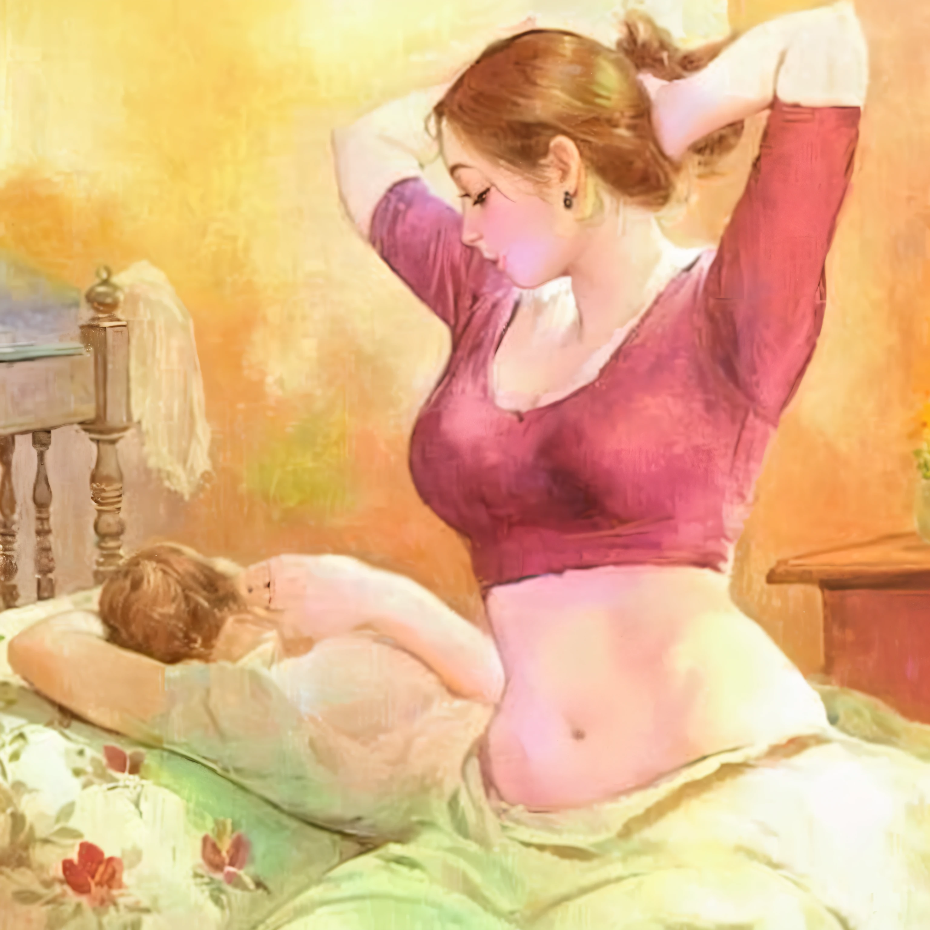 painting of a woman in a purple top laying on a bed, beautiful art, painting, beautiful depiction, female art, trending on devian art, painting of beautiful, very very beautiful art, very beautiful photo, boy girl traditional romance, romantic painting, by Hovsep Pushman, couple on bed, by Max Dauthendey, very very very beautiful art